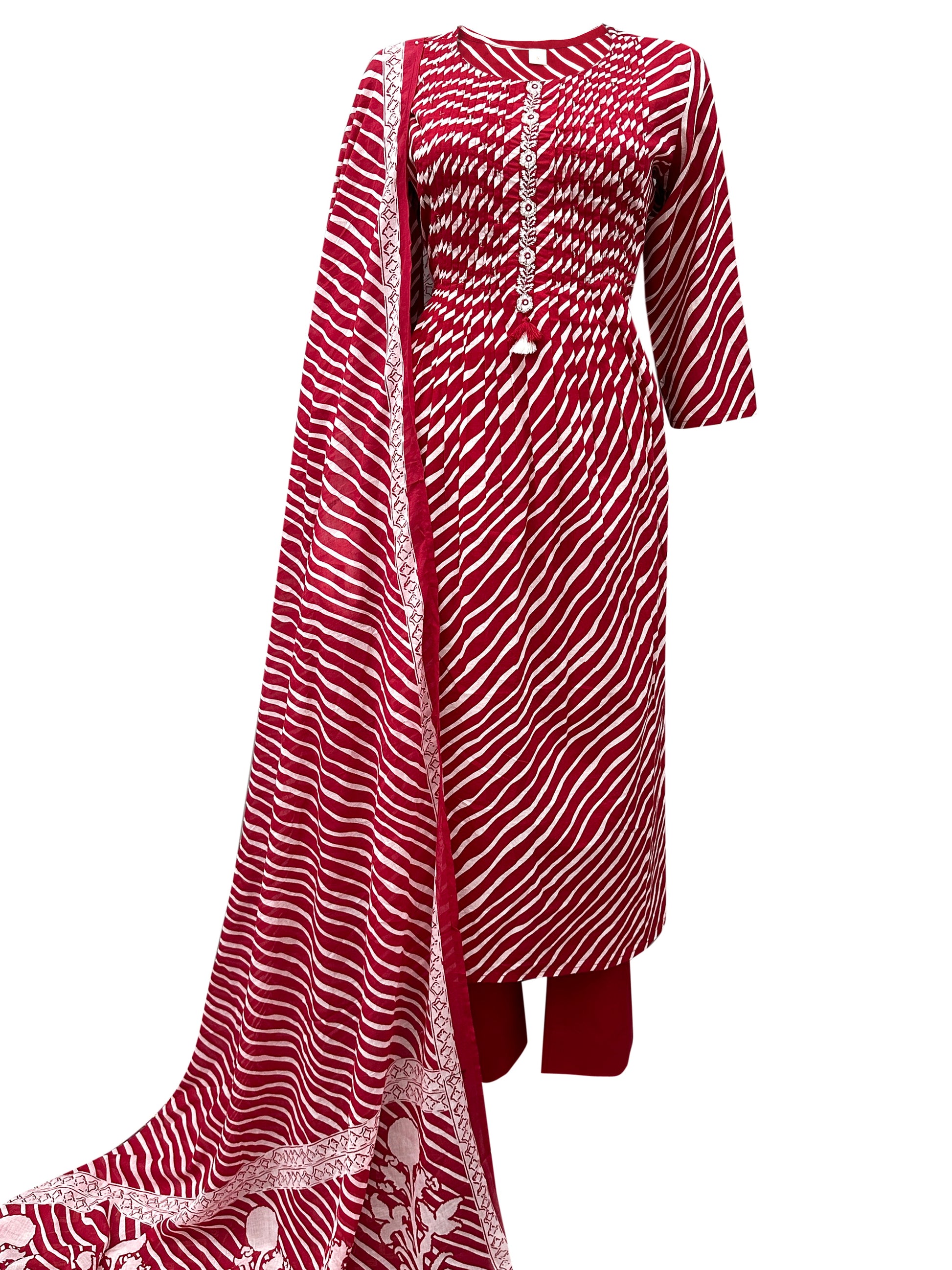 Classic Maroon & White Bandhani Kurti Set with Printed Dupatta