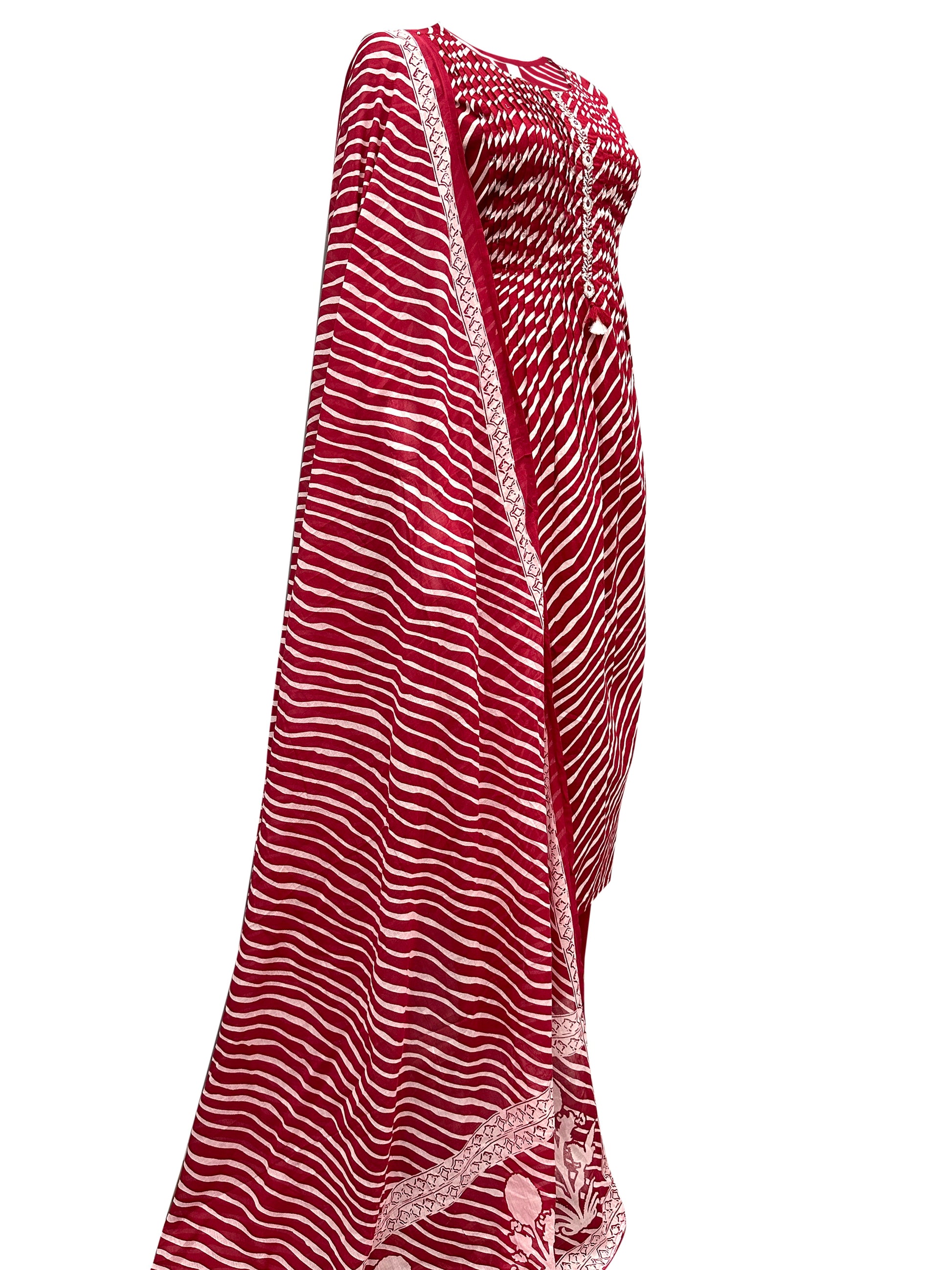 Classic Maroon & White Bandhani Kurti Set with Printed Dupatta