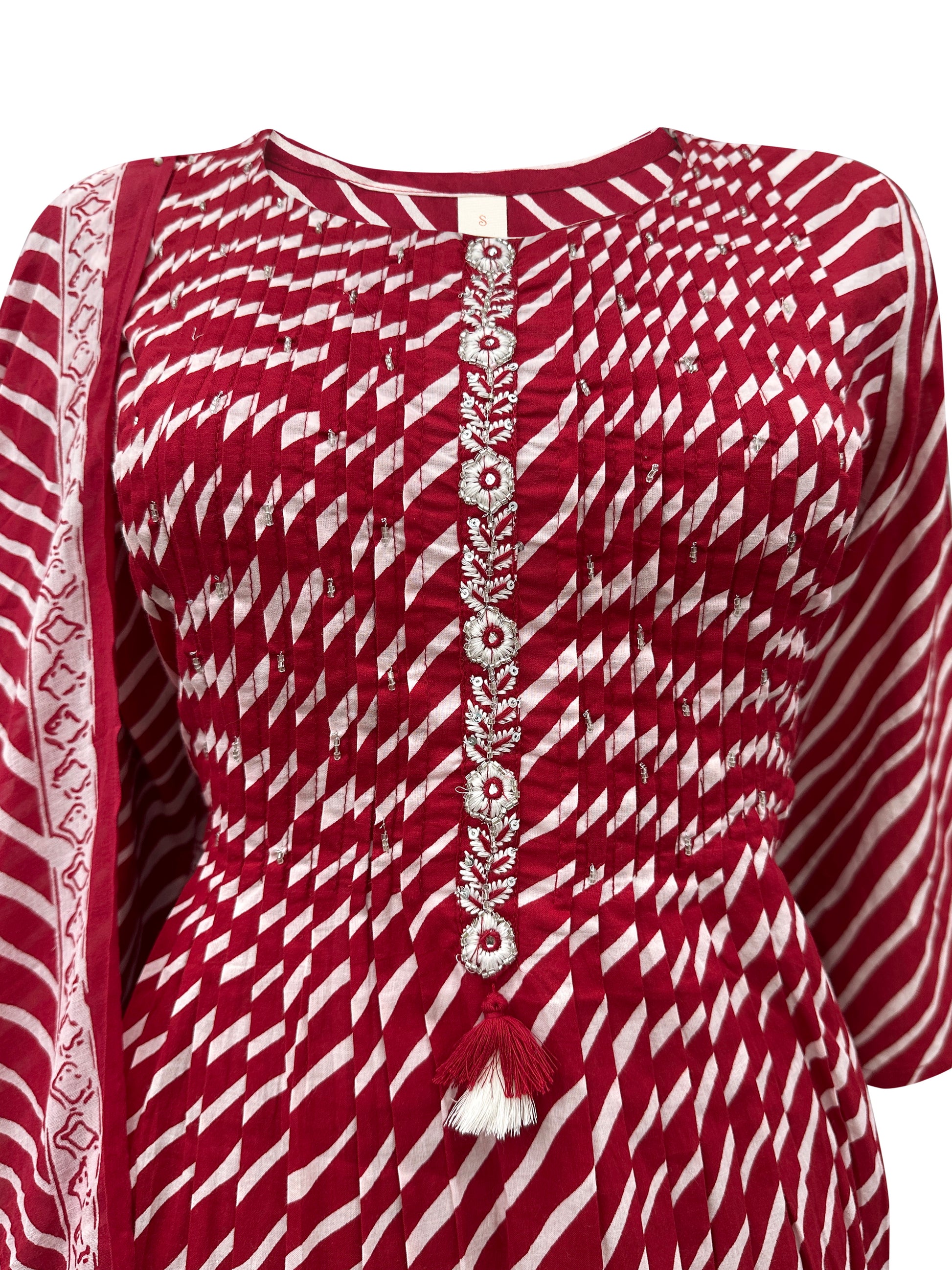 Classic Maroon & White Bandhani Kurti Set with Printed Dupatta