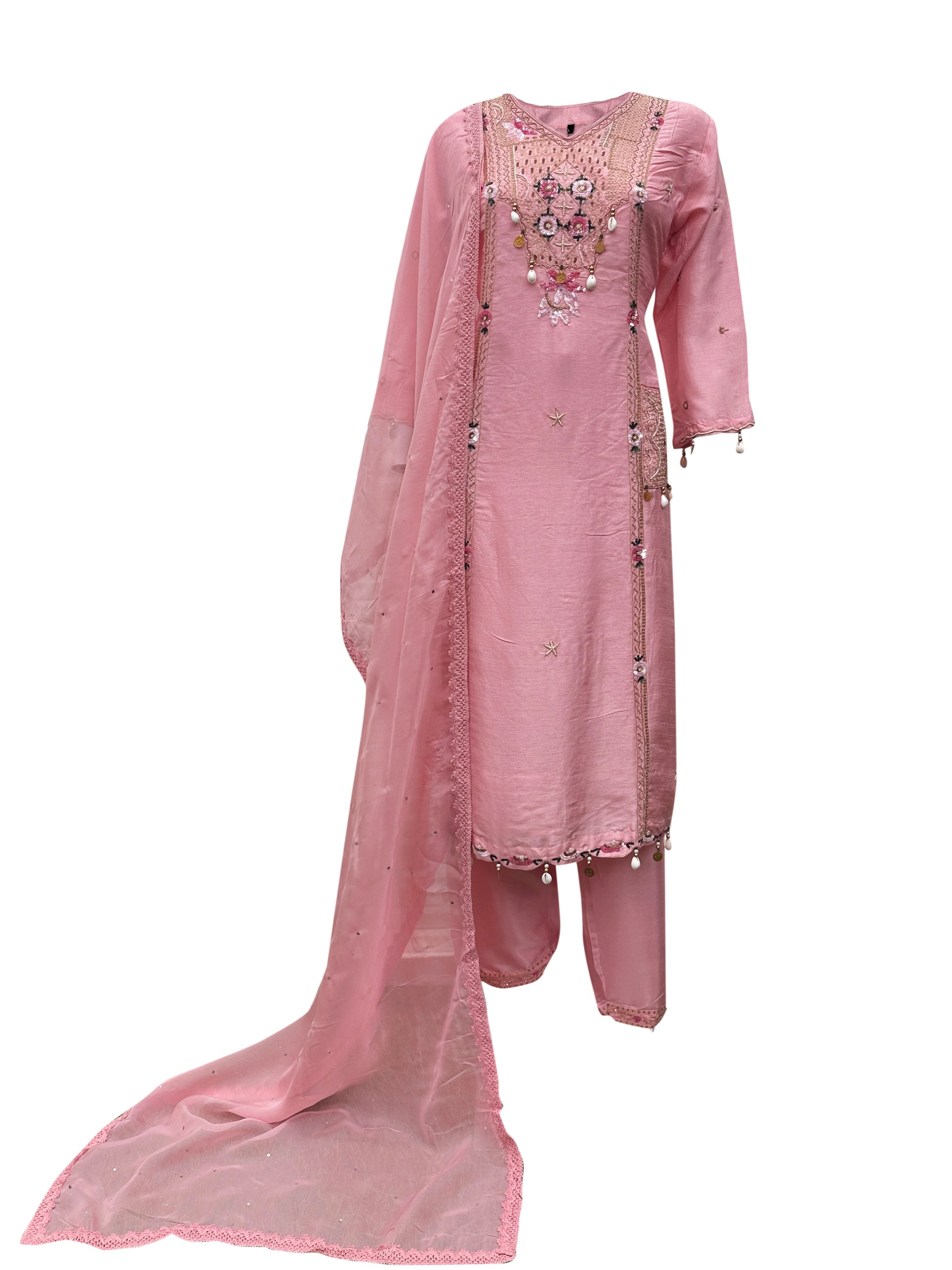 Blush Cascade Dola Silk Suit Set with Calcutta Handwork
