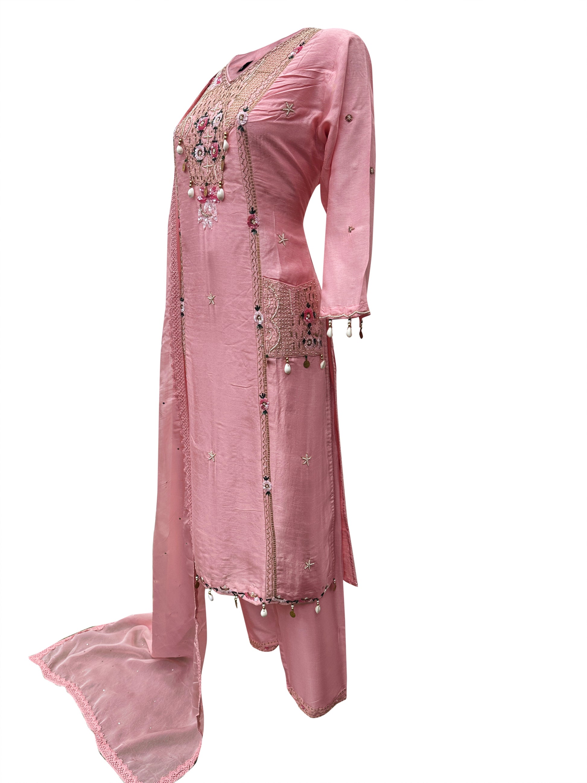 Blush Cascade Dola Silk Suit Set with Calcutta Handwork