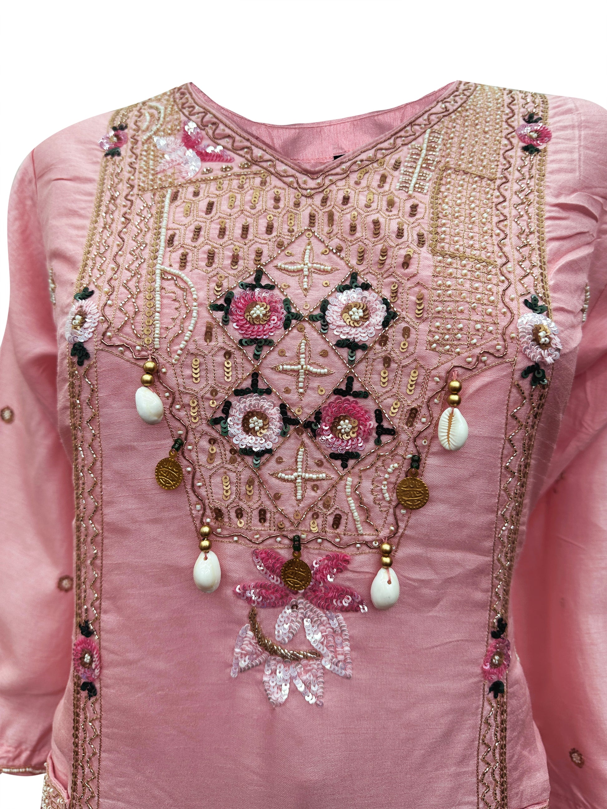 Blush Cascade Dola Silk Suit Set with Calcutta Handwork