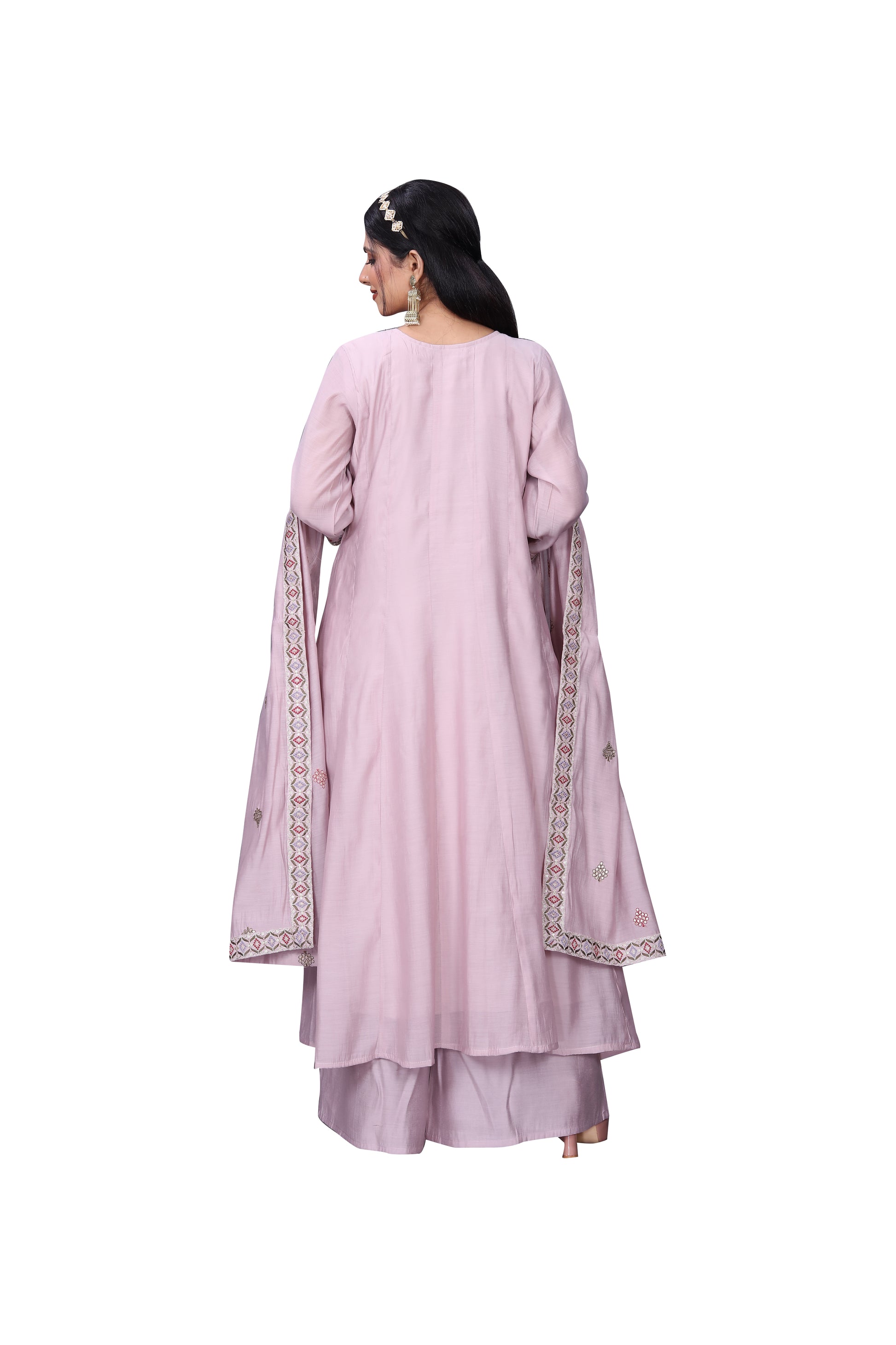 Blush Pink Silk Blend Embroidered Kurta Palazzo Set with Dupatta – 3 Piece Ensemble