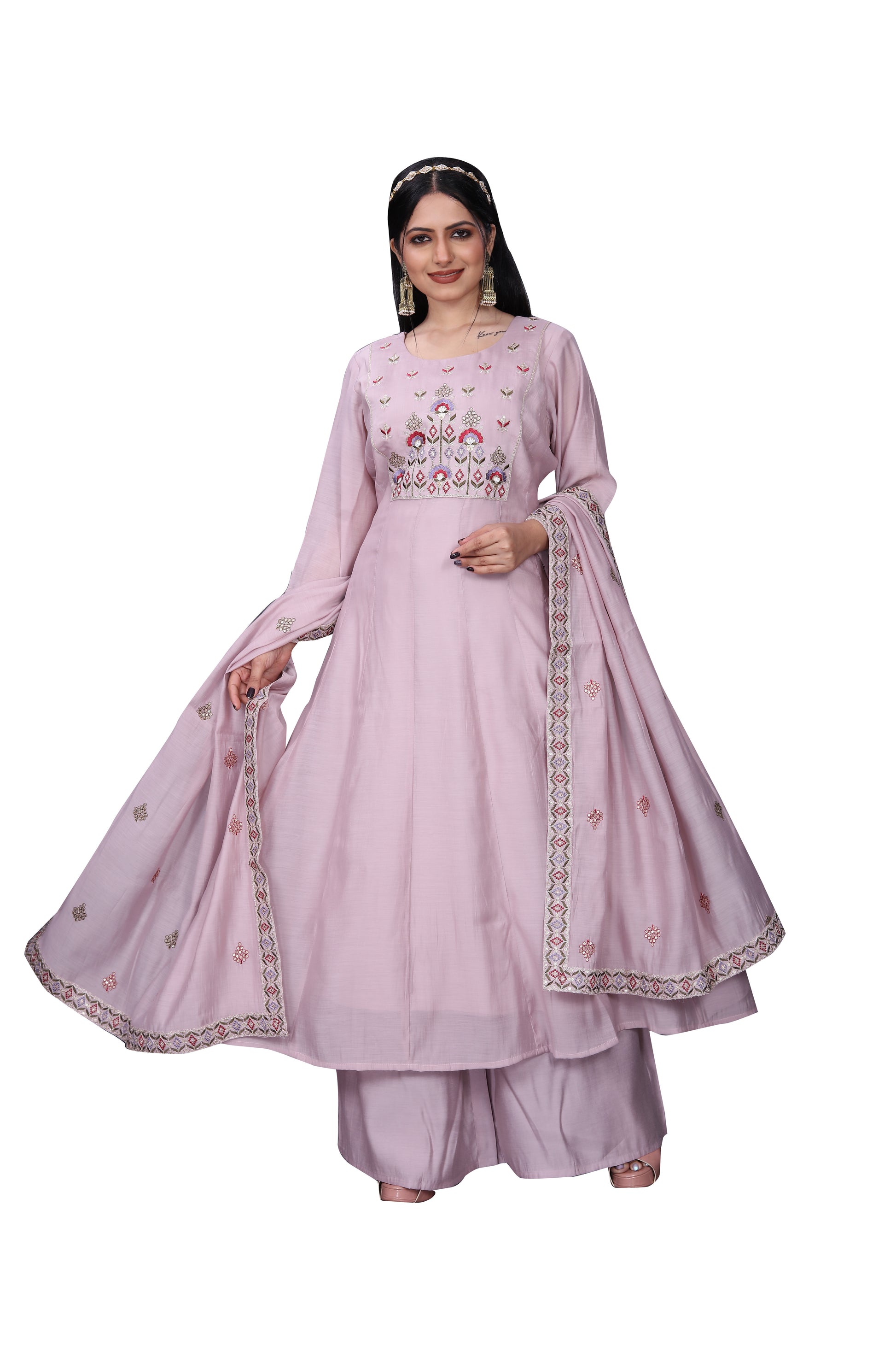 Blush Pink Silk Blend Embroidered Kurta Palazzo Set with Dupatta – 3 Piece Ensemble