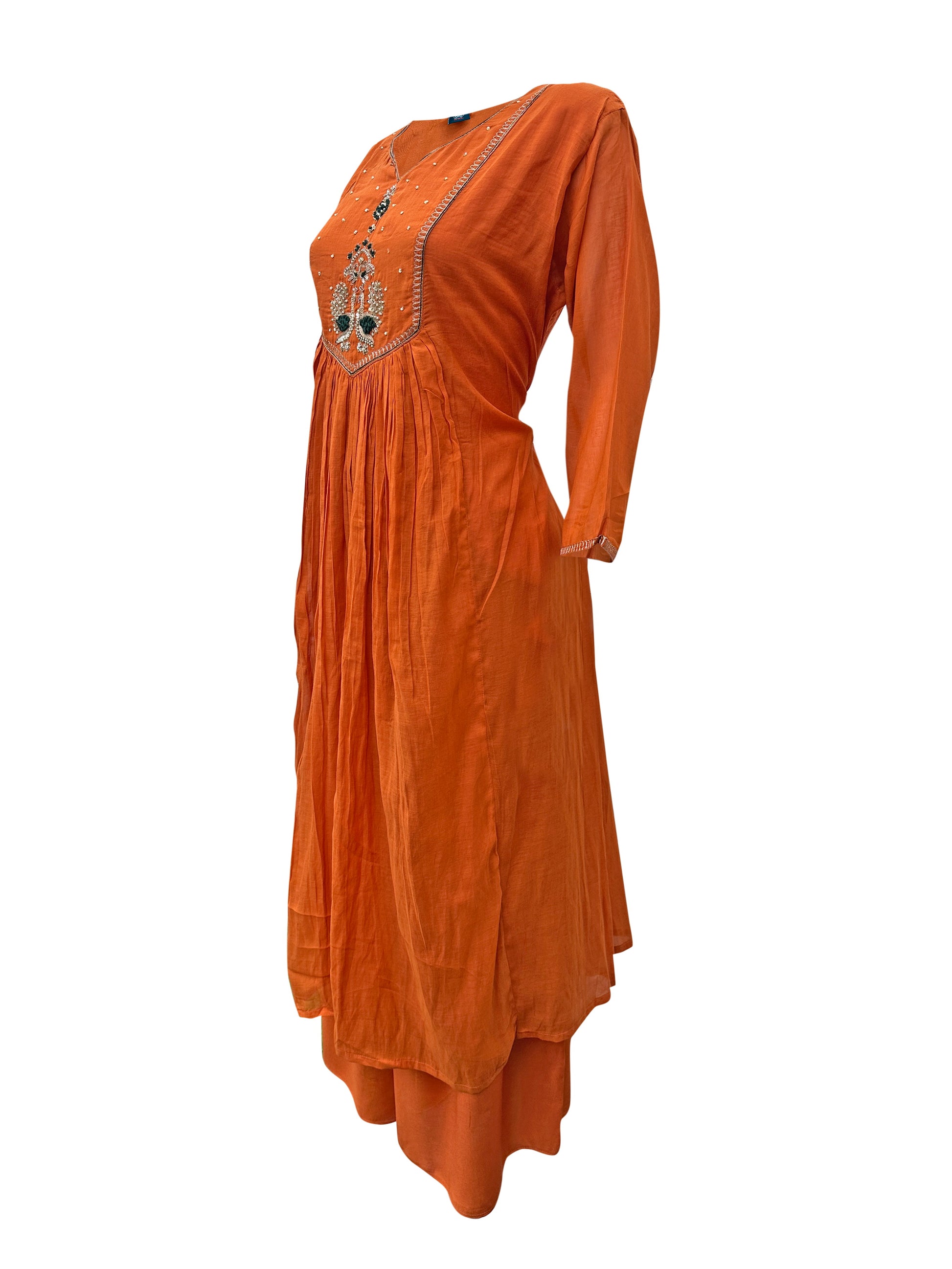 Burnt Orange Mal Chanderi Anarkali Kurti Set with Intricate Mirror Work, Hand Embroidery & Scalloped Dupatta – 3 Piece Ethnic Ensemble