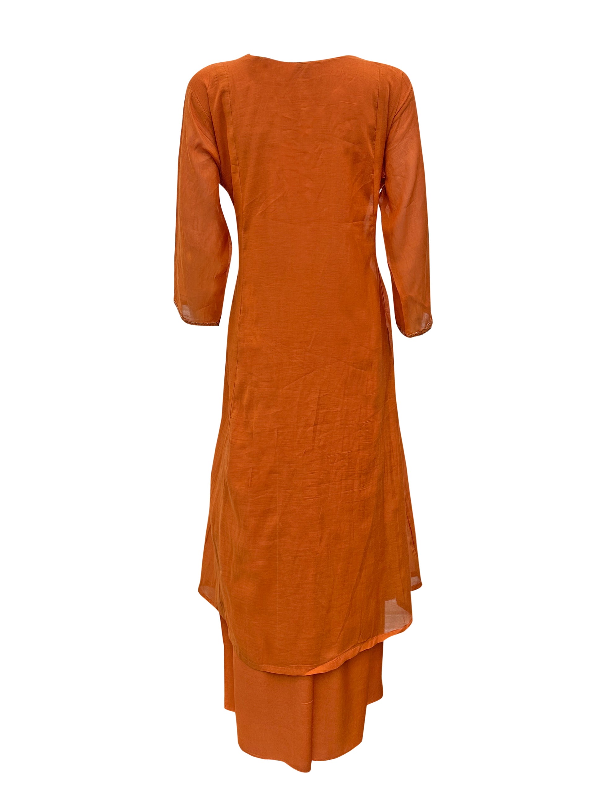 Burnt Orange Mal Chanderi Anarkali Kurti Set with Intricate Mirror Work, Hand Embroidery & Scalloped Dupatta – 3 Piece Ethnic Ensemble