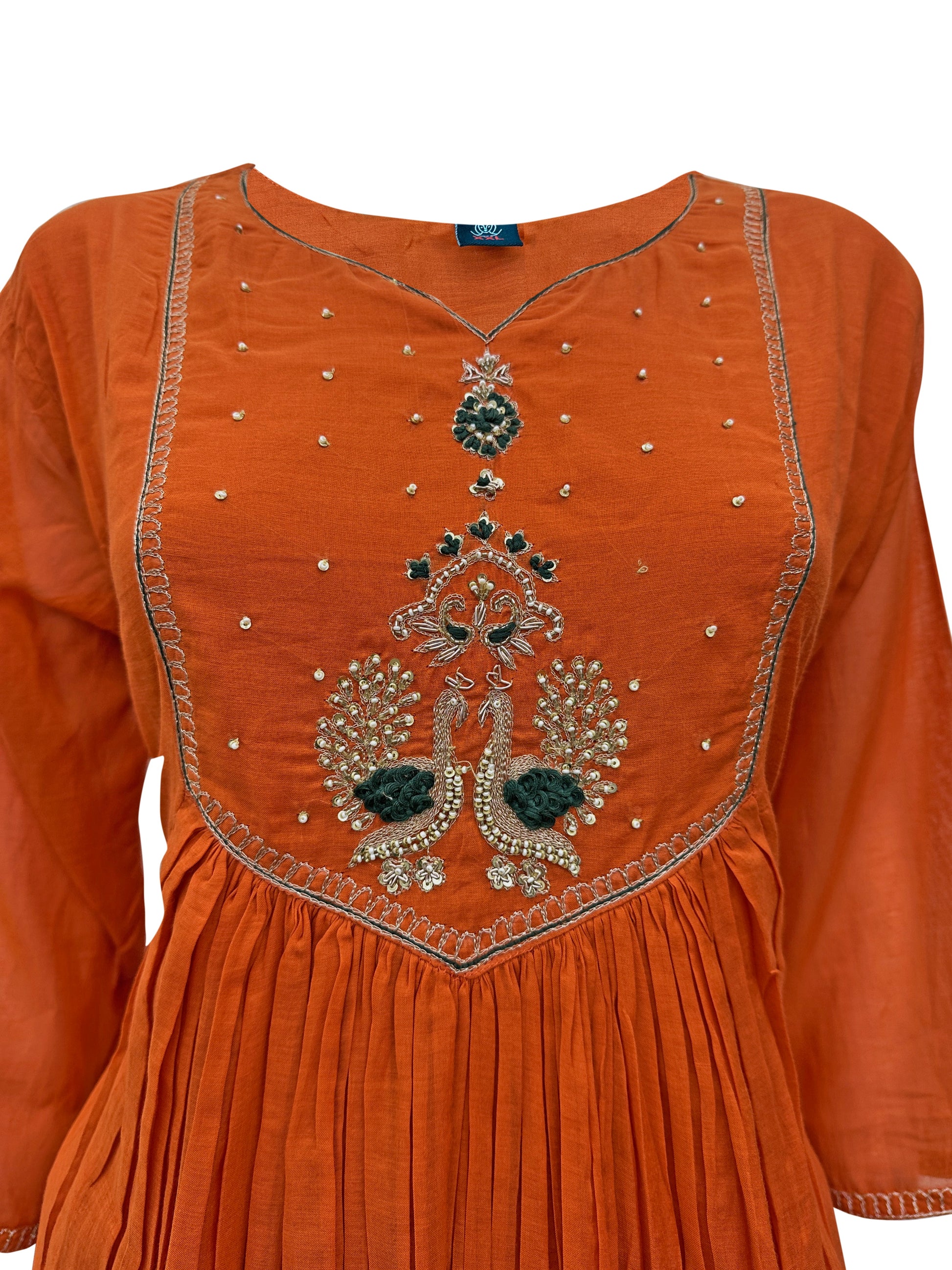 Burnt Orange Mal Chanderi Anarkali Kurti Set with Intricate Mirror Work, Hand Embroidery & Scalloped Dupatta – 3 Piece Ethnic Ensemble