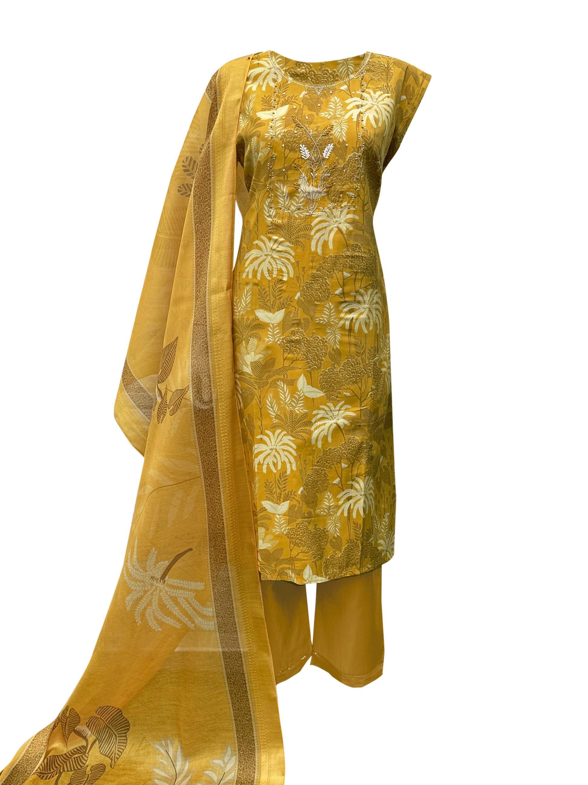 Mustard Yellow Printed Kurti Set with Side Cut, Zardozi Handwork & Silk Dupatta – 3 Piece Elegant Ensemble