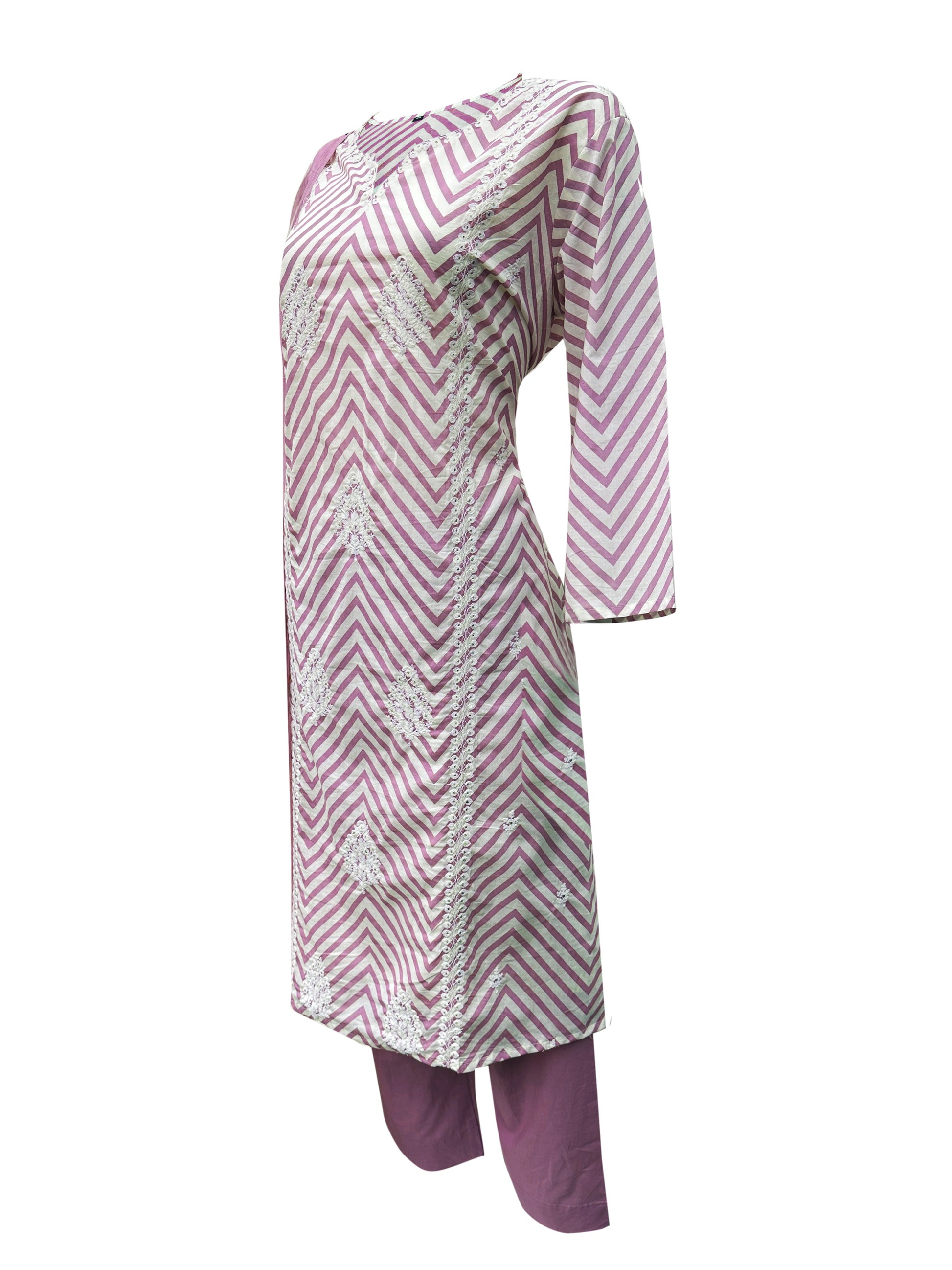 Lavender & White Lehriya Cotton Suit Set with Light Embroidery & Printed Dupatta – 3 Piece Ensemble