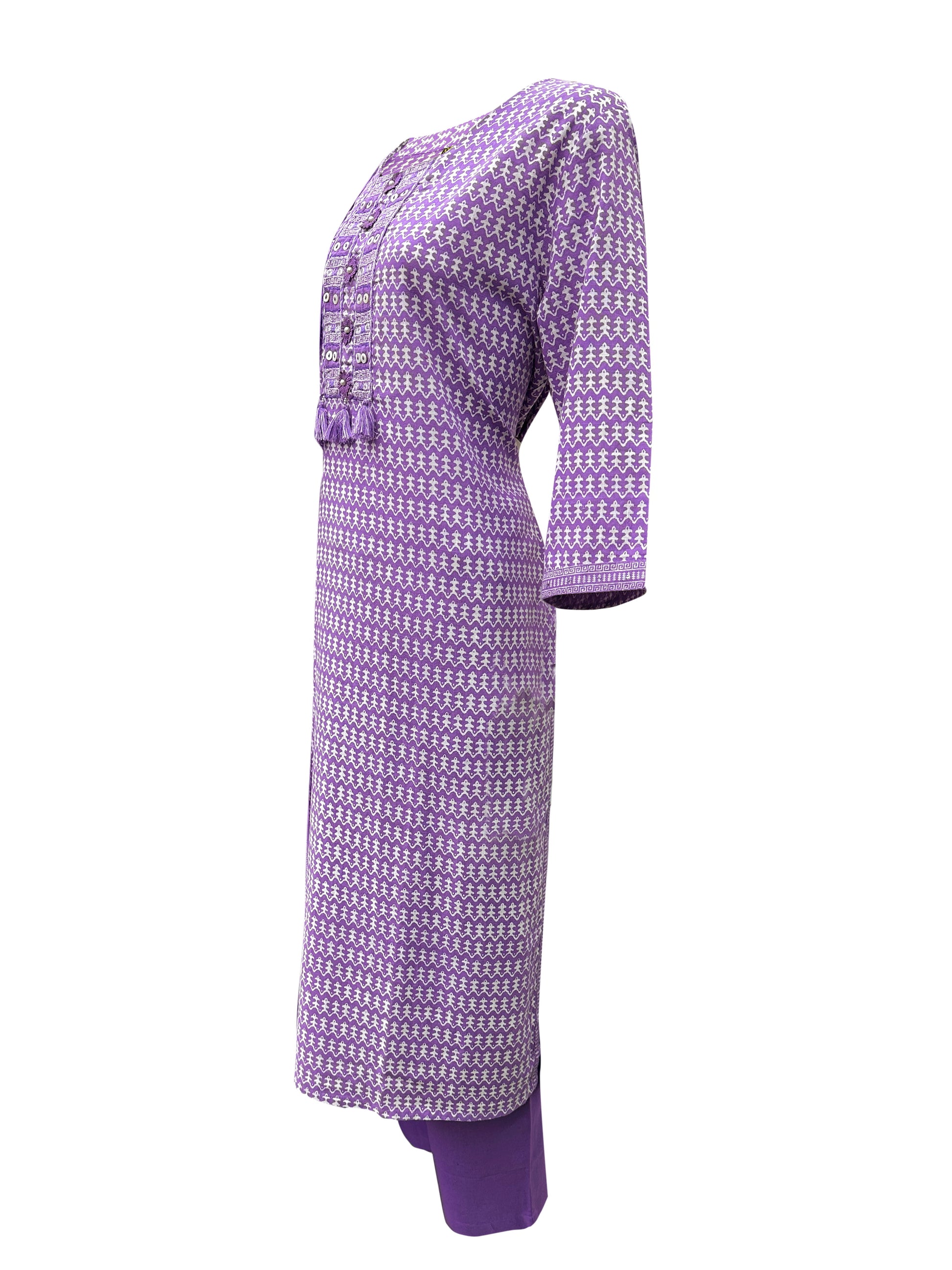Purple Cotton Suit Set with Light Neck Work & Mul Cotton Dupatta – 3 Piece Ensemble