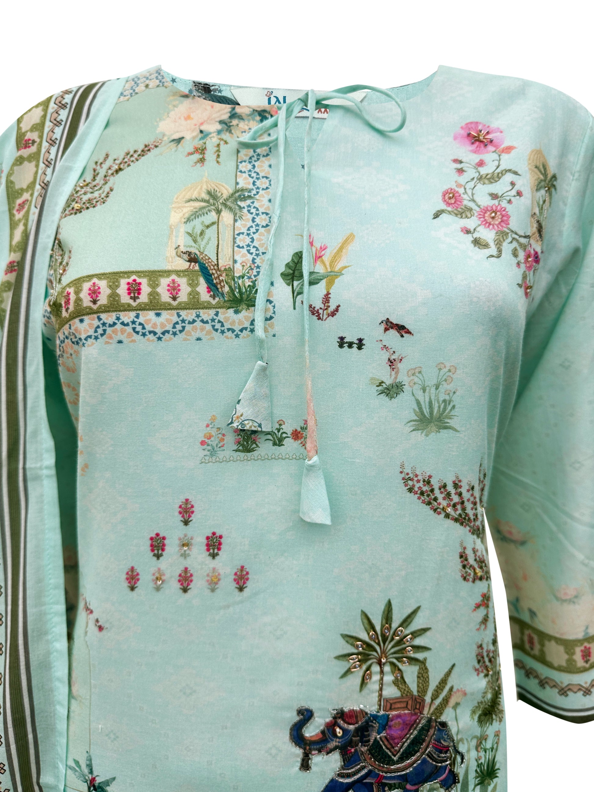 Mint Green Mal Cotton Suit Set with Digital Print & Light Hand Masin Work – 3 Piece Ensemble