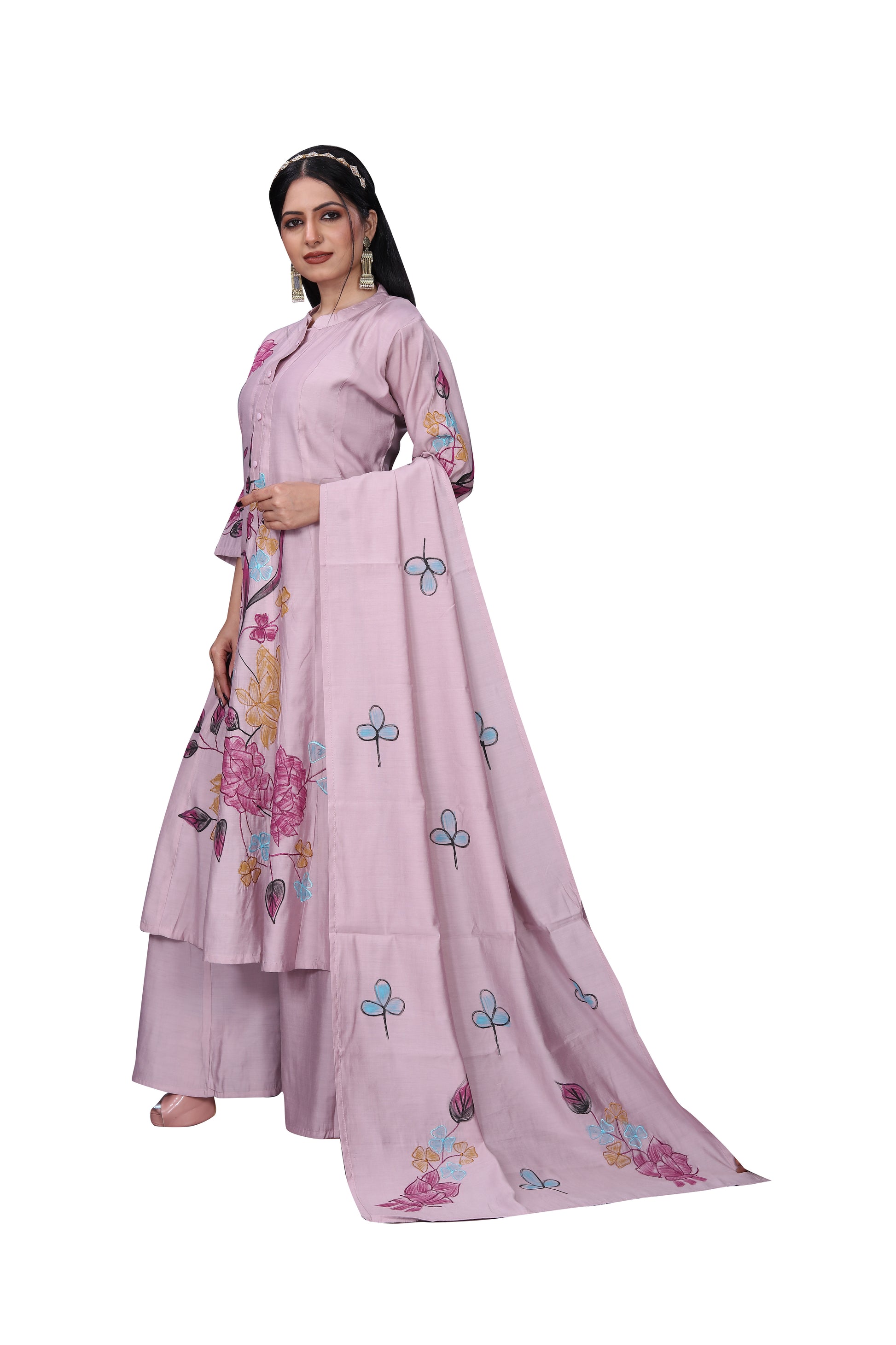 Blush Pink Silk Blend Floral Brush Print Suit Set with Dupatta – 3 Piece Ensemble