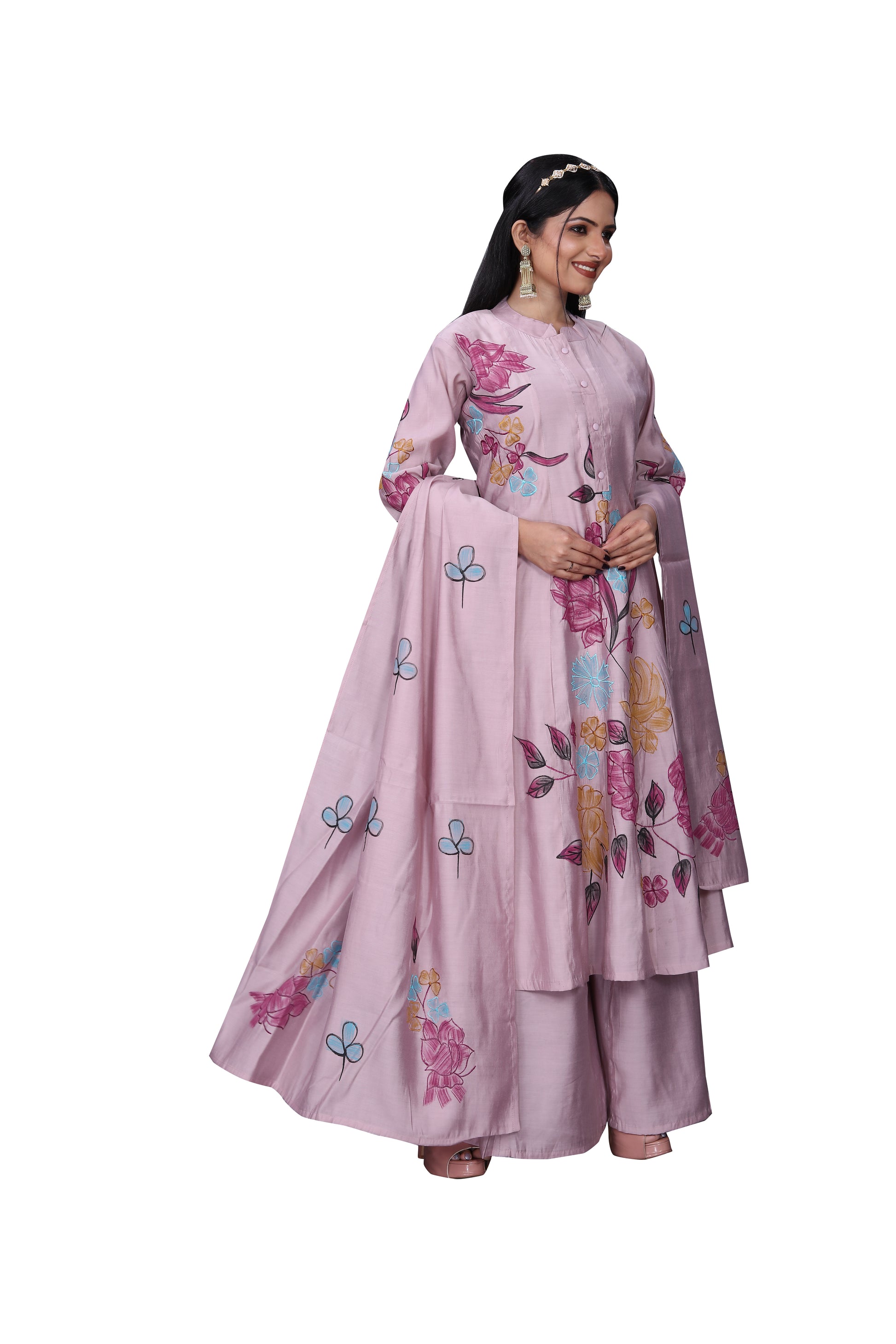 Blush Pink Silk Blend Floral Brush Print Suit Set with Dupatta – 3 Piece Ensemble