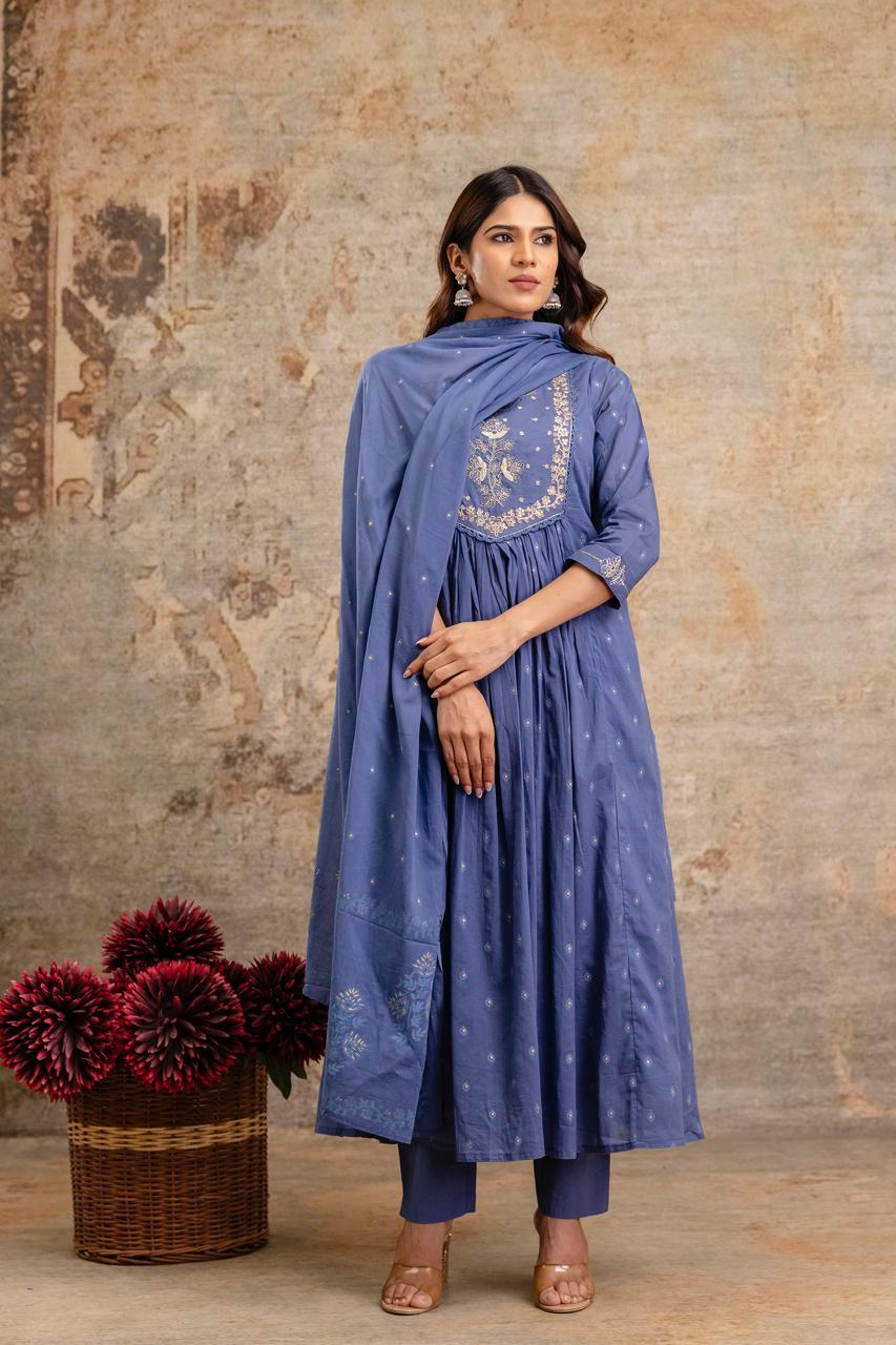 Blue Embroidered Anarkali Kurti Set with Dupatta