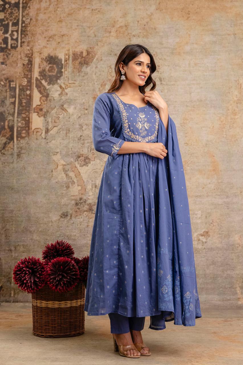 Blue Embroidered Anarkali Kurti Set with Dupatta