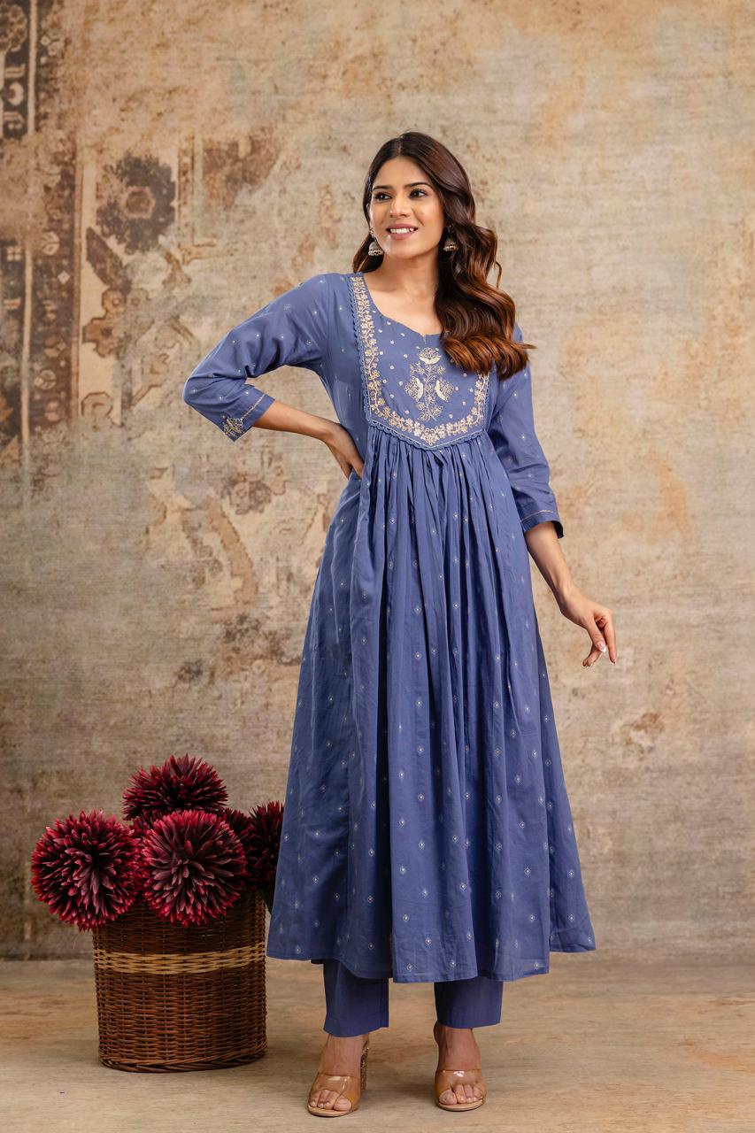 Blue Embroidered Anarkali Kurti Set with Dupatta