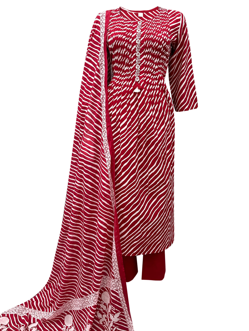 Classic Maroon & White Bandhani Kurti Set with Printed Dupatta