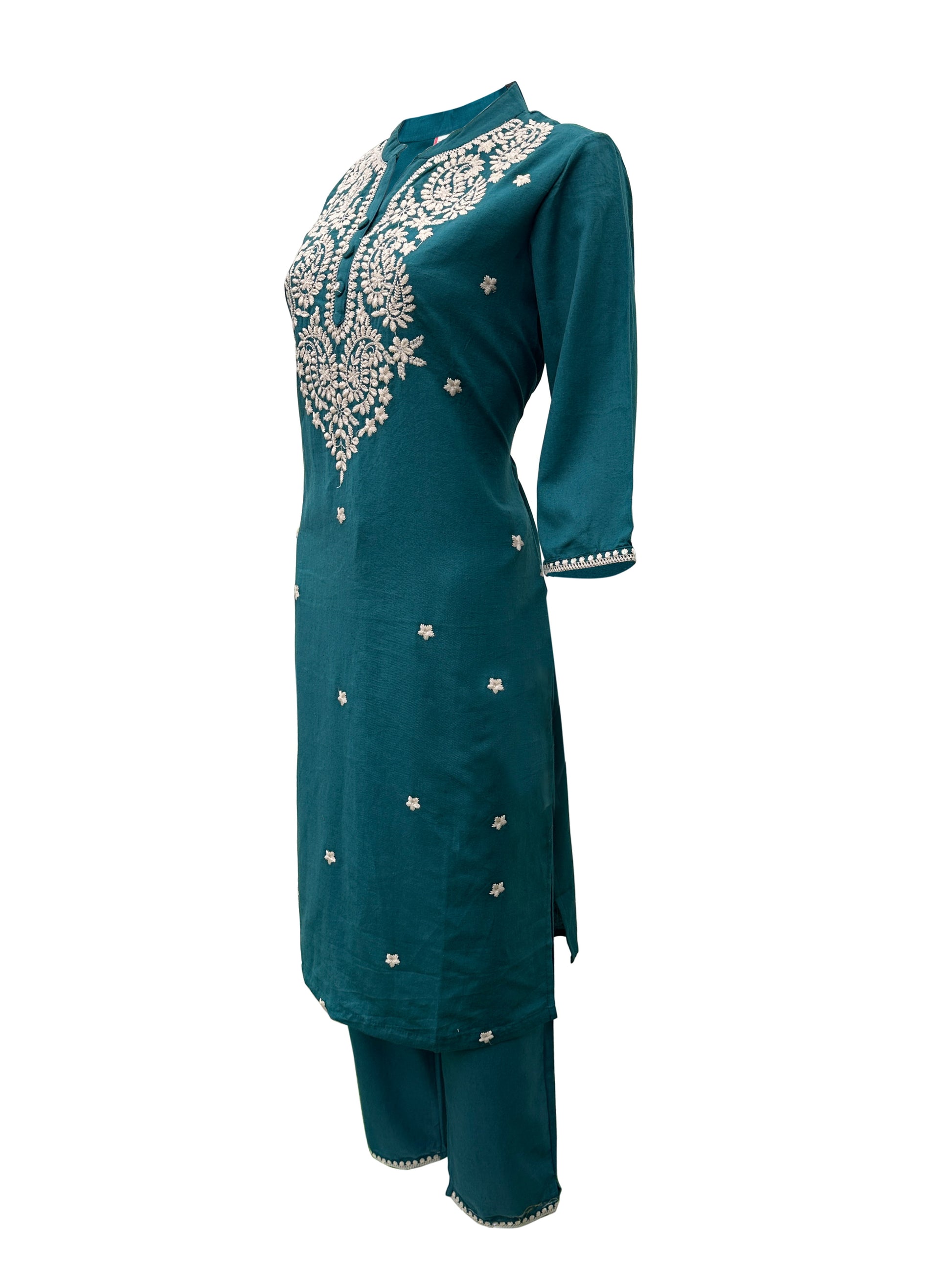 Teal Cotton Suit Set with Lucknowi Embroidery – 3-Piece Set