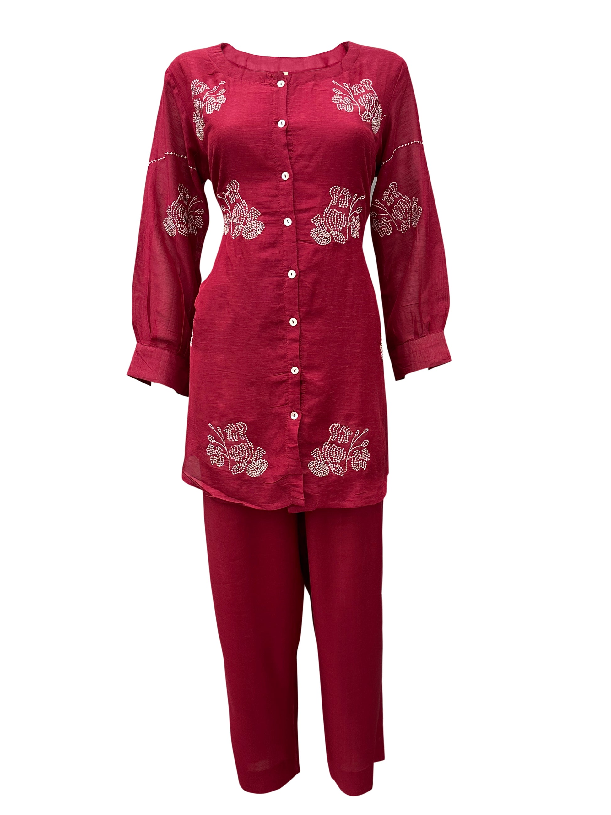 Elegant Maroon Silk Co-Ord Set with Ivory Hand Embroidery & Button Detailing