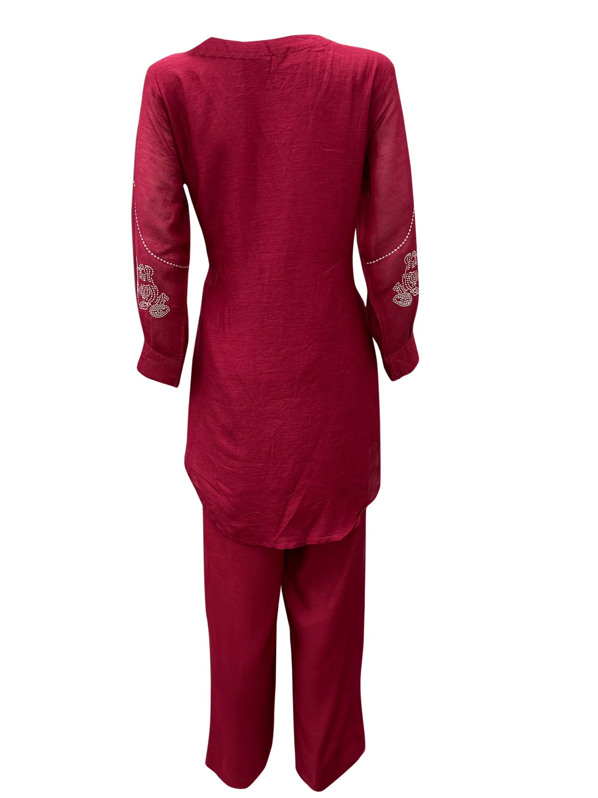 Elegant Maroon Silk Co-Ord Set with Ivory Hand Embroidery & Button Detailing