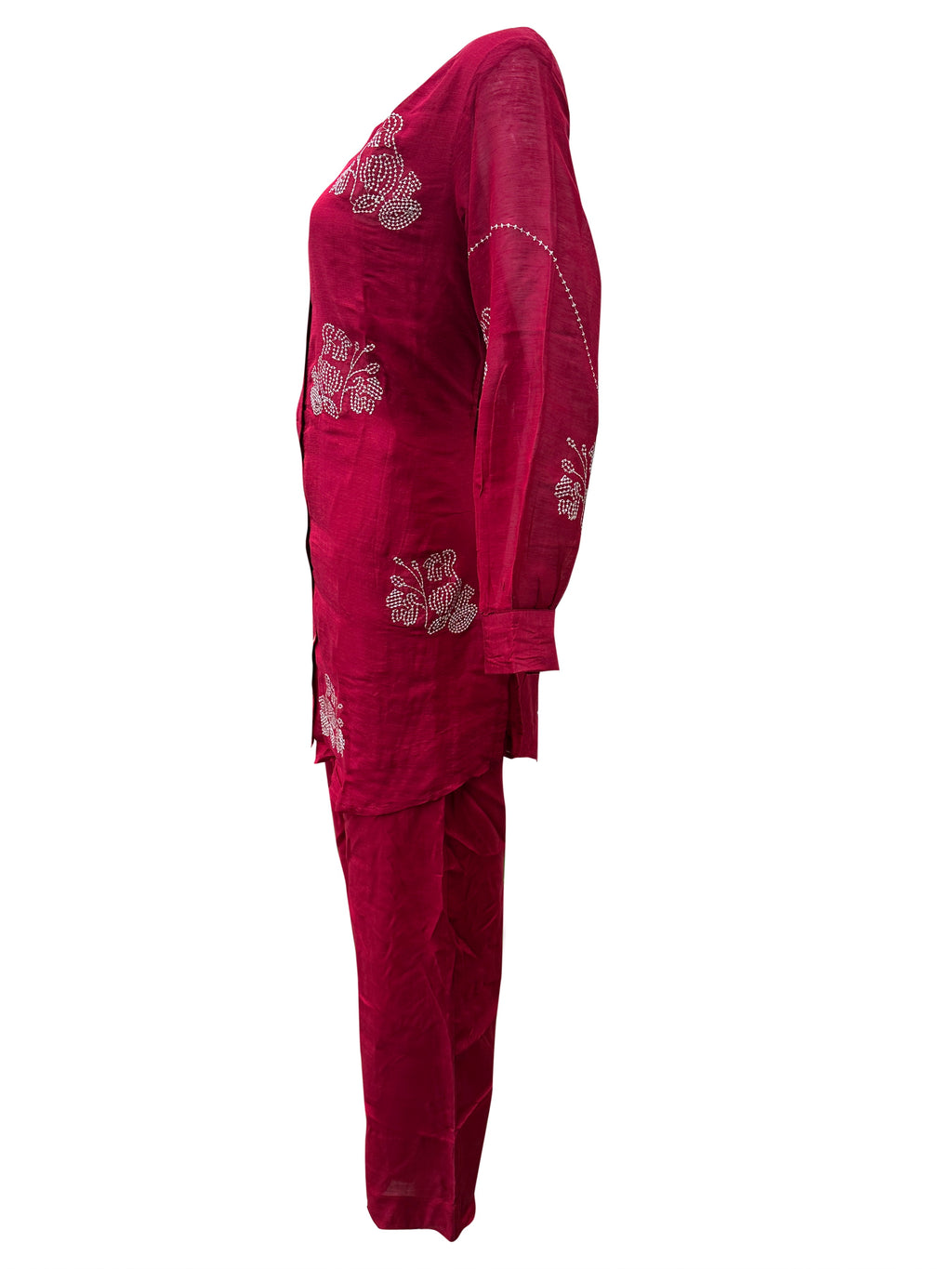 Elegant Maroon Silk Co-Ord Set with Ivory Hand Embroidery & Button Detailing
