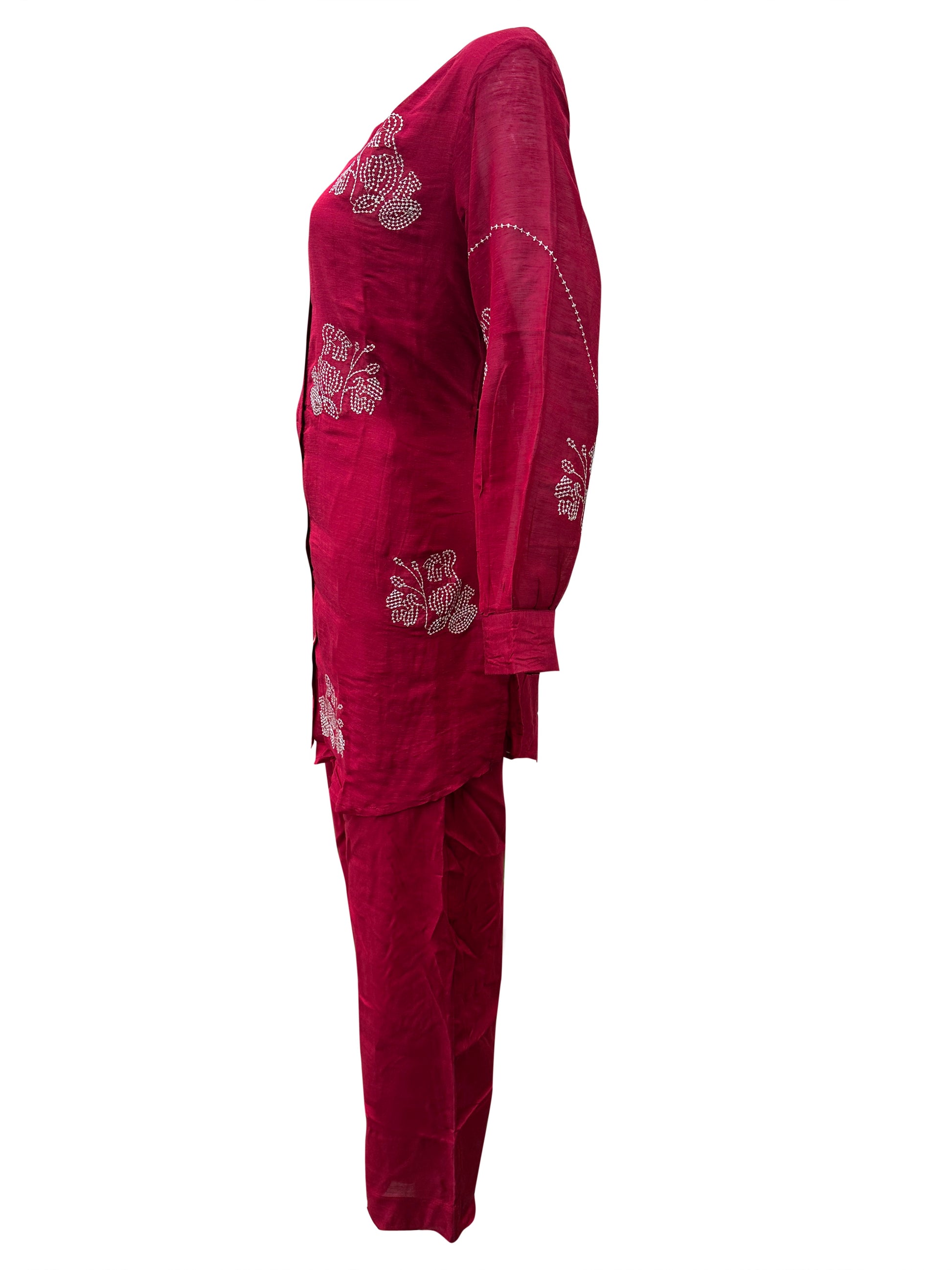 Elegant Maroon Silk Co-Ord Set with Ivory Hand Embroidery & Button Detailing