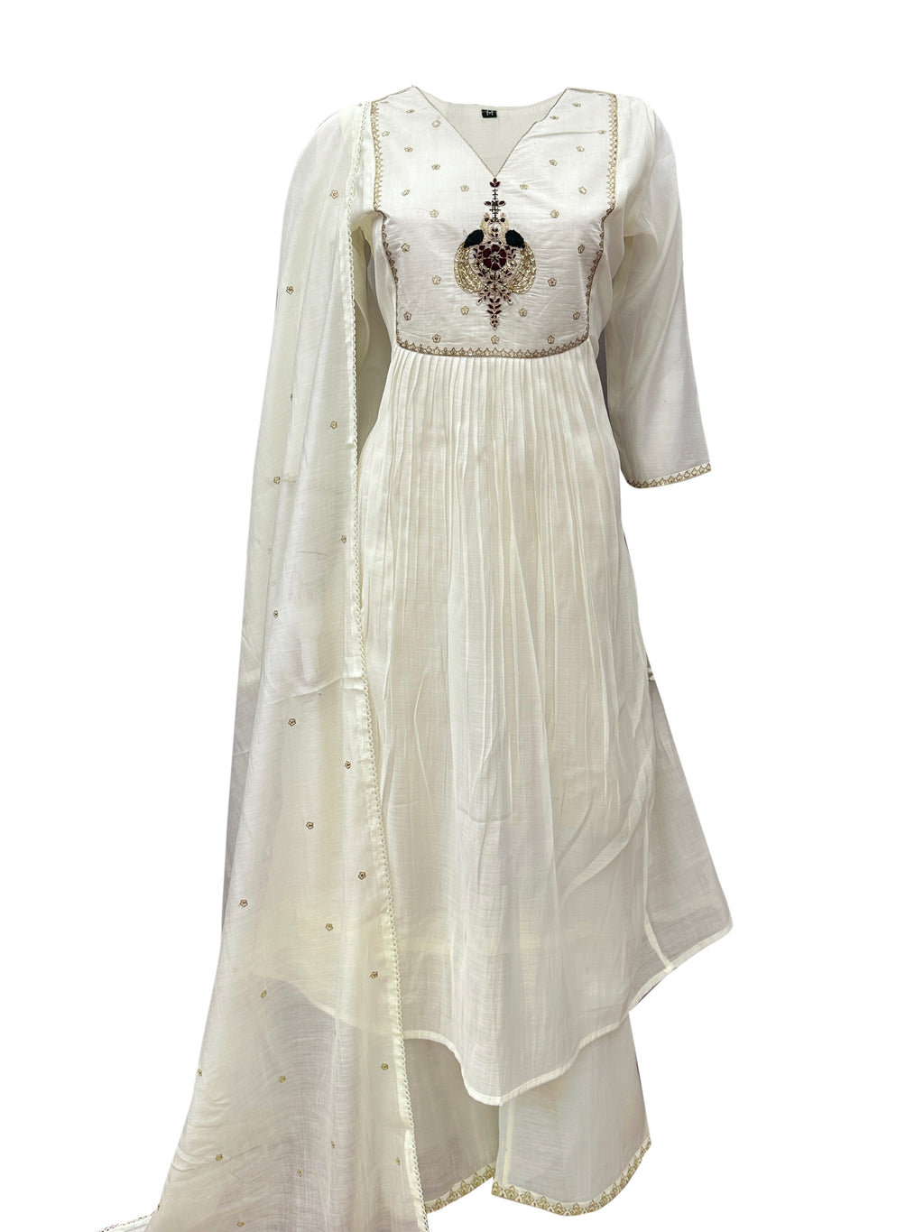 Ivory Mal Chanderi Anarkali Set with Handcrafted Twin Bird Embroidery