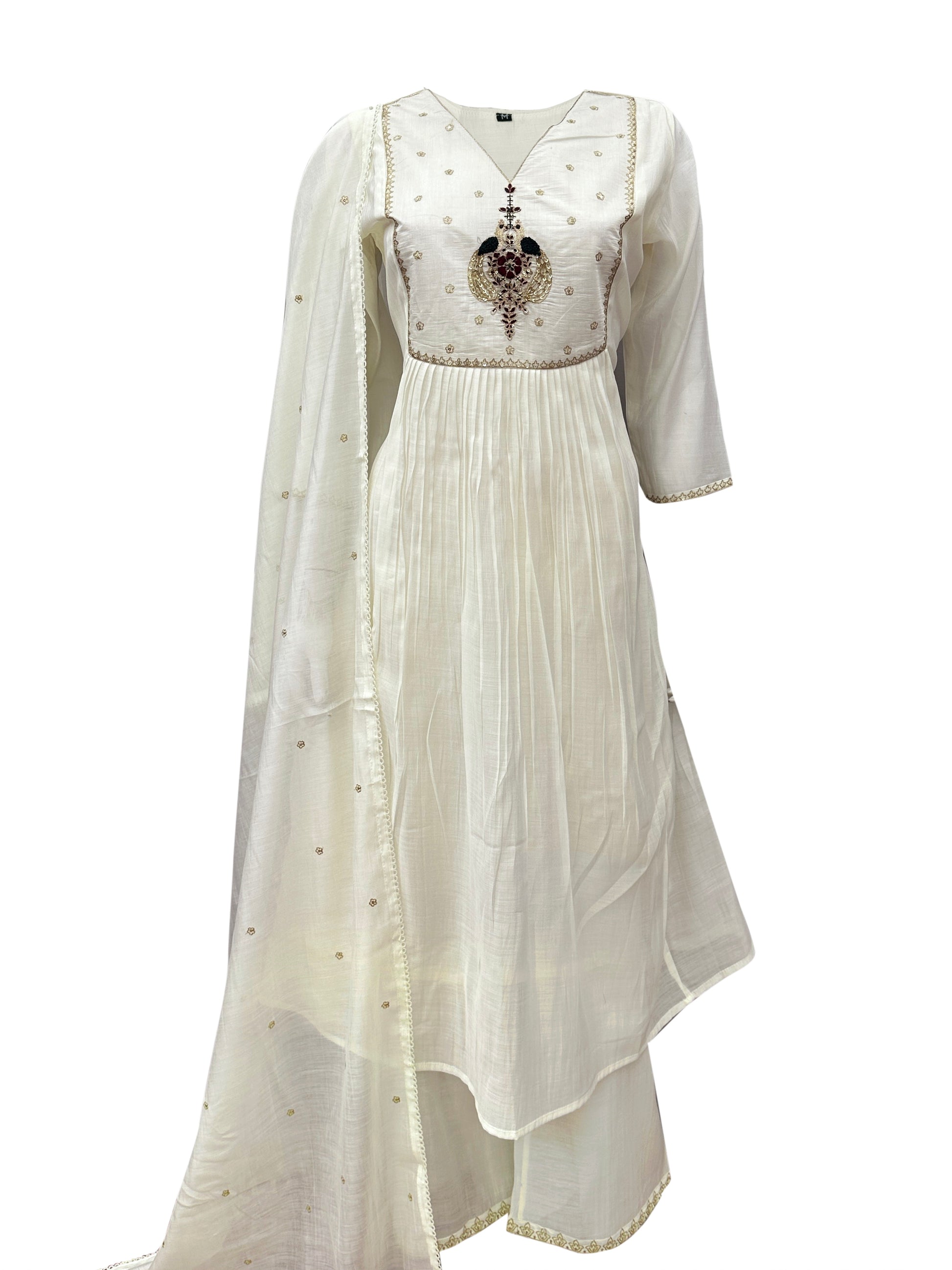 Ivory Mal Chanderi Anarkali Set with Handcrafted Twin Bird Embroidery
