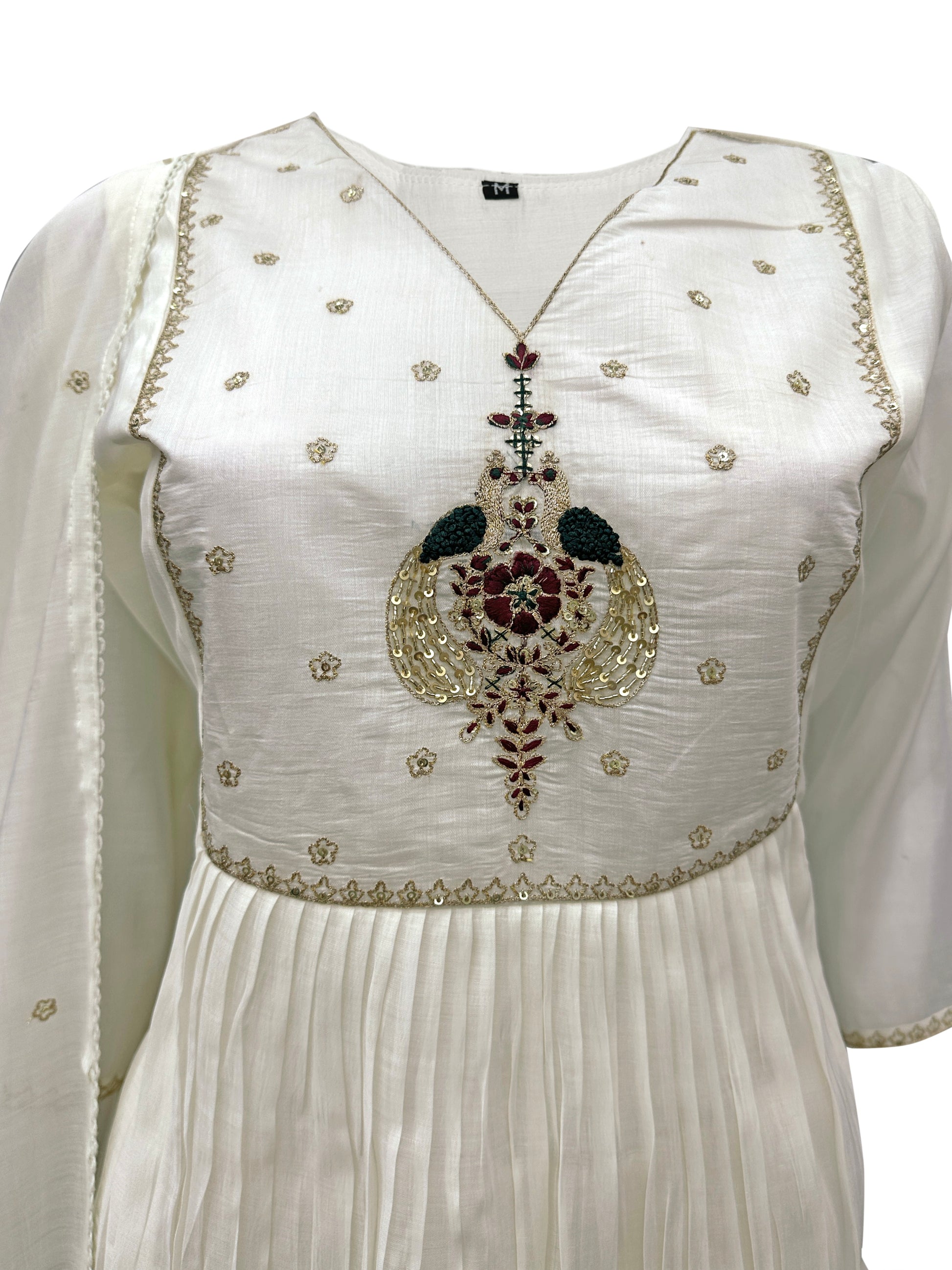 Ivory Mal Chanderi Anarkali Set with Handcrafted Twin Bird Embroidery