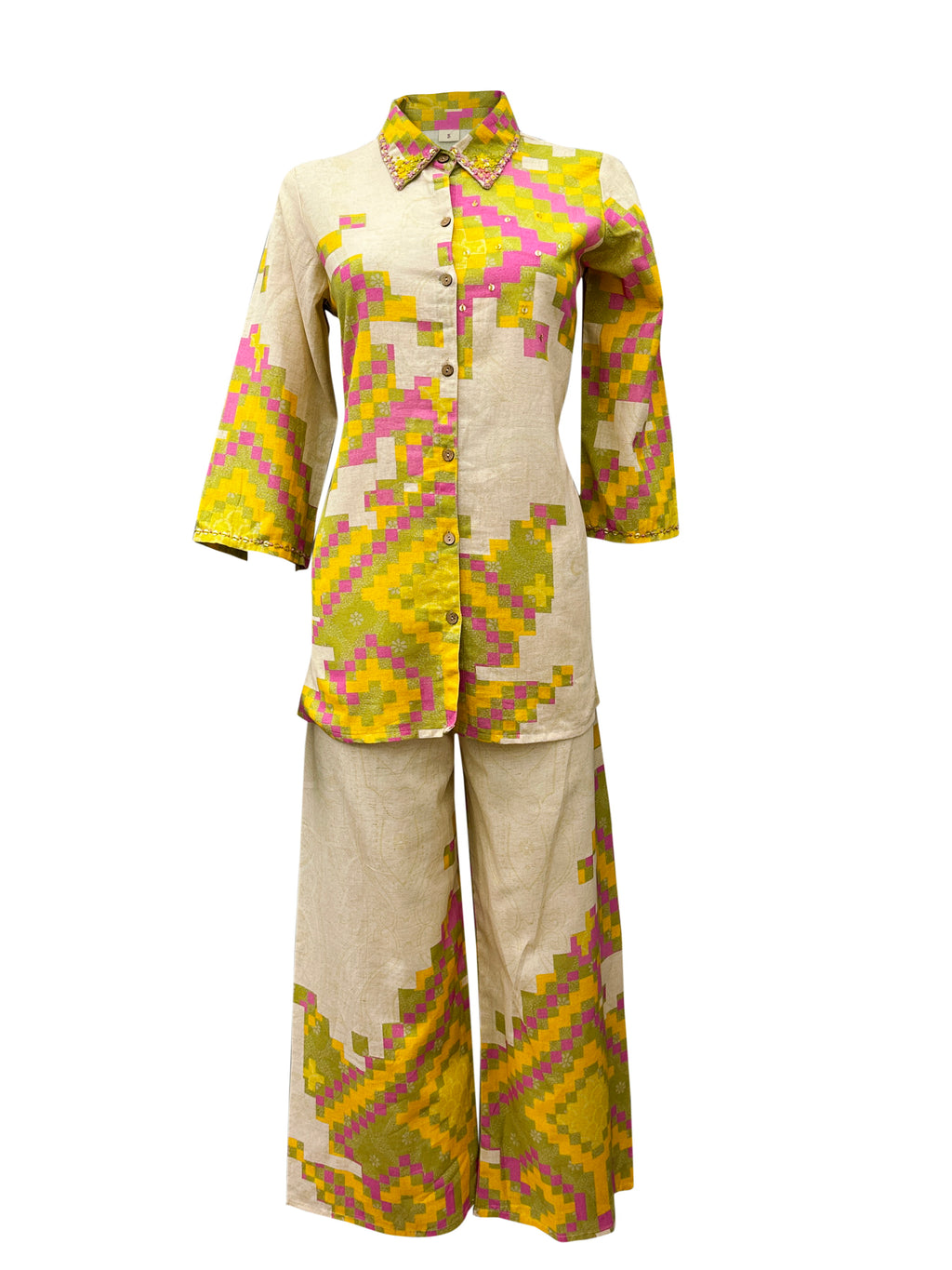 Handcrafted Cotton Co-ord Set with Embroidered Collar – Geometric Pixel Print