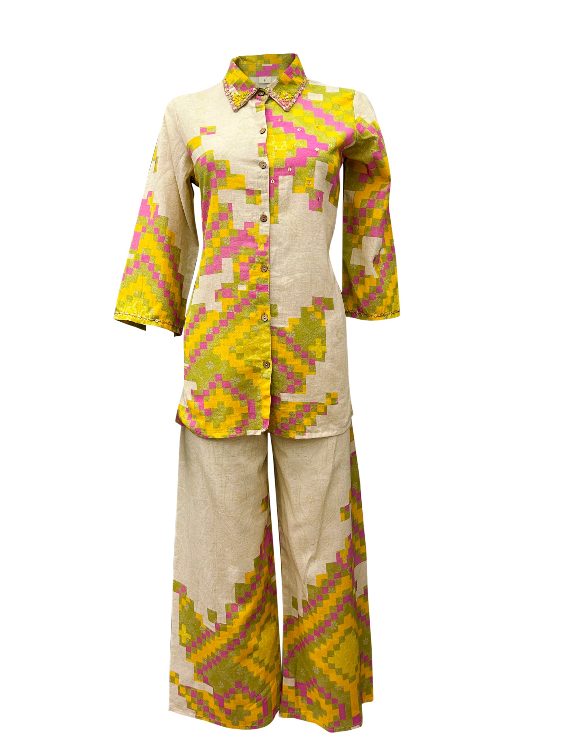 Handcrafted Cotton Co-ord Set with Embroidered Collar – Geometric Pixel Print