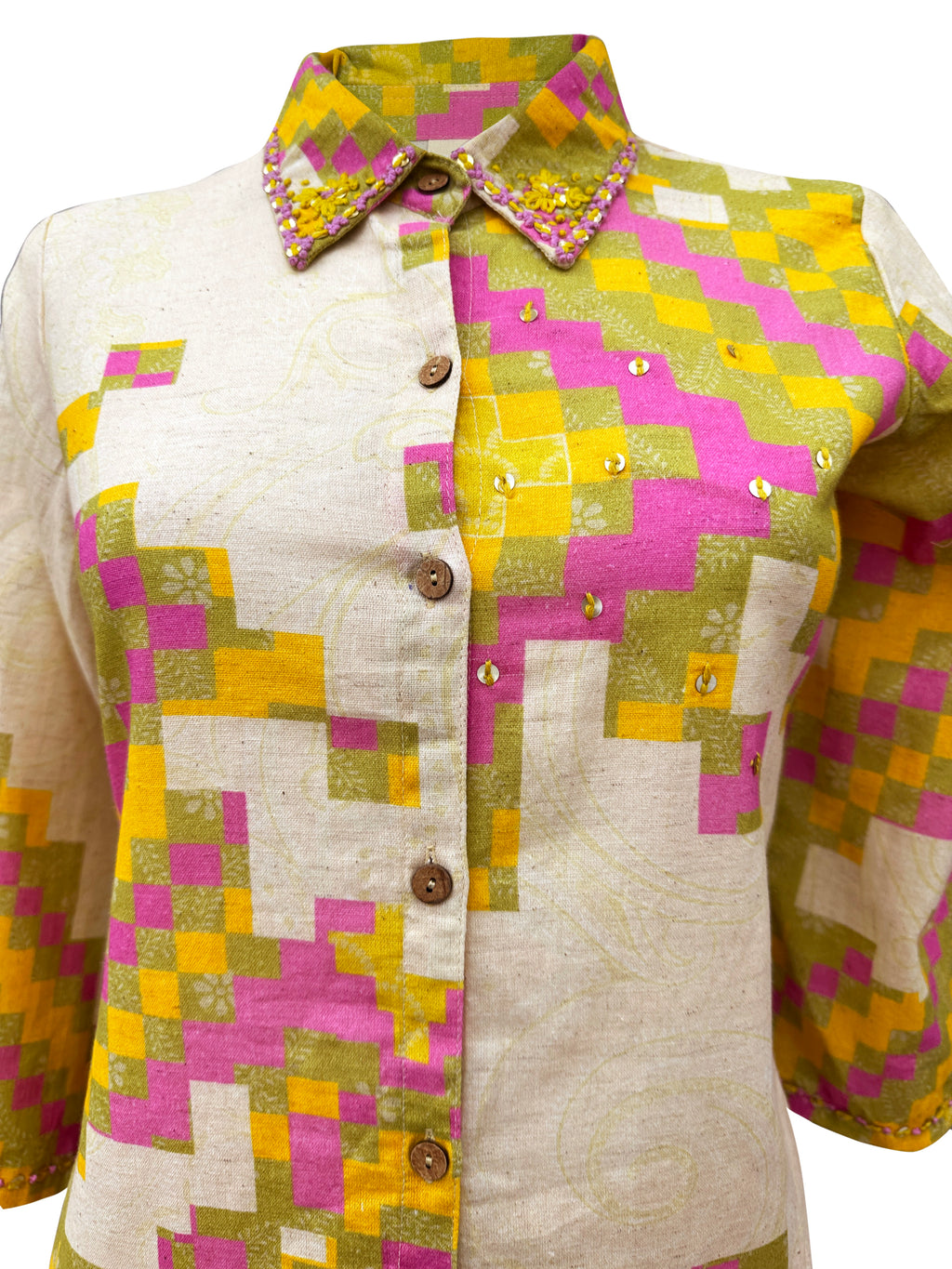 Handcrafted Cotton Co-ord Set with Embroidered Collar – Geometric Pixel Print