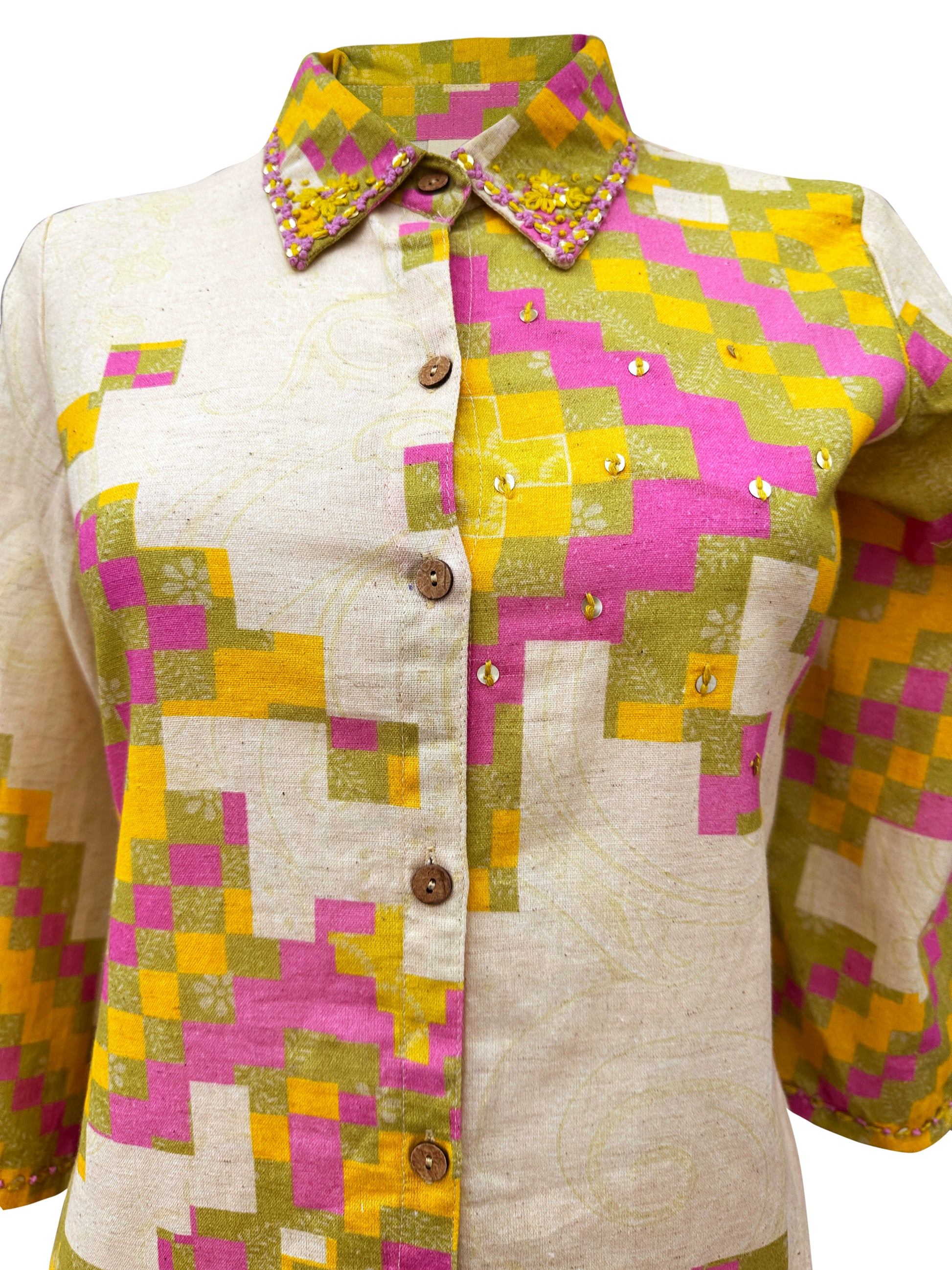 Handcrafted Cotton Co-ord Set with Embroidered Collar – Geometric Pixel Print