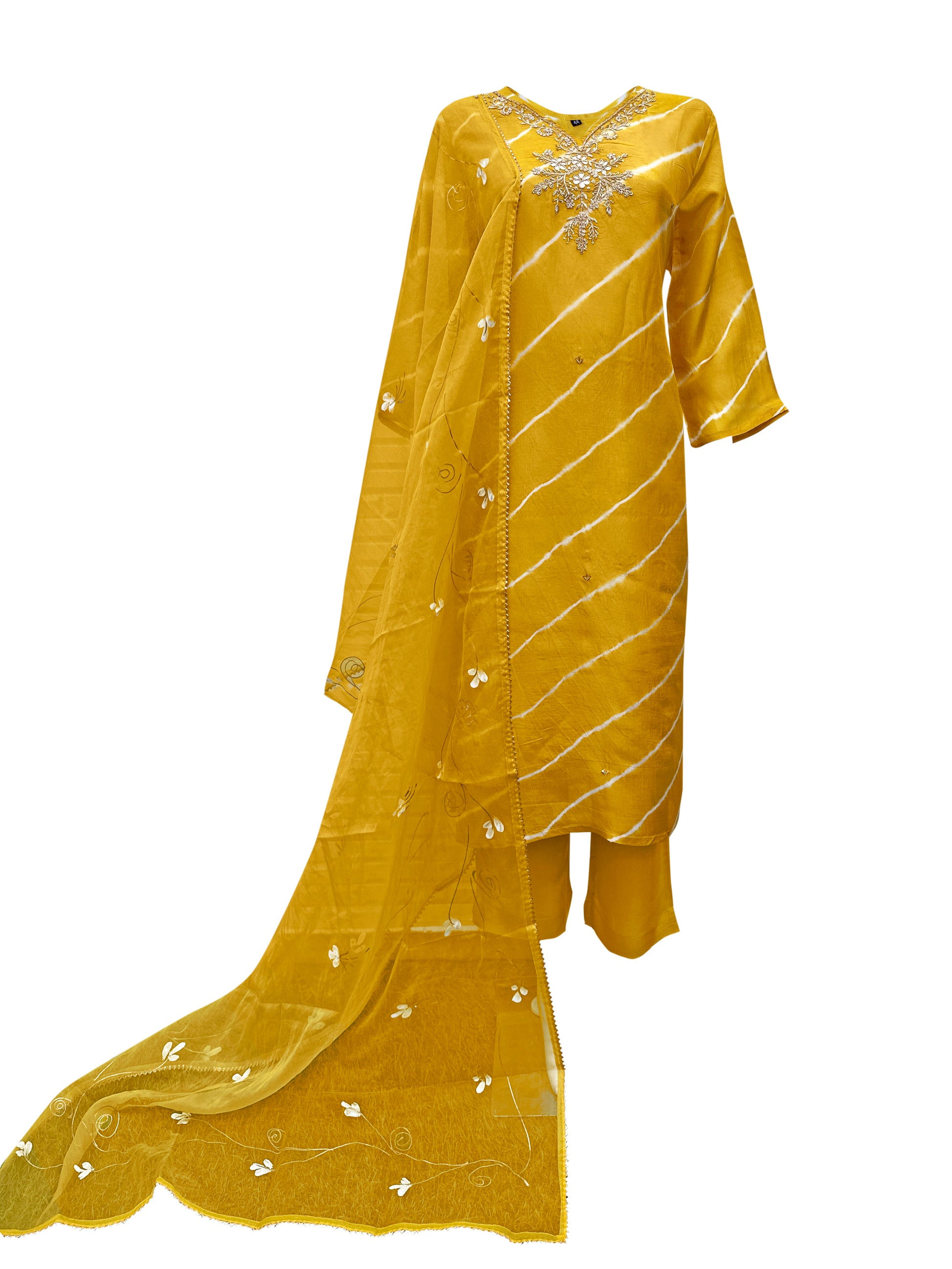 Sunlit Serenade Muslin Silk Leheriya Suit Set