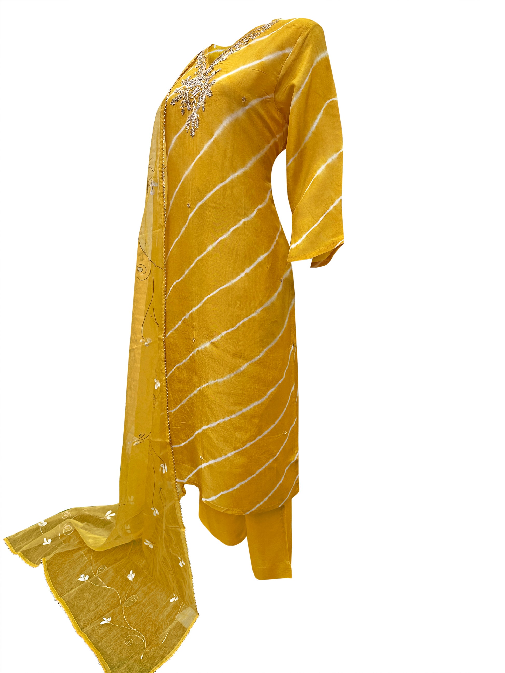 Sunlit Serenade Muslin Silk Leheriya Suit Set
