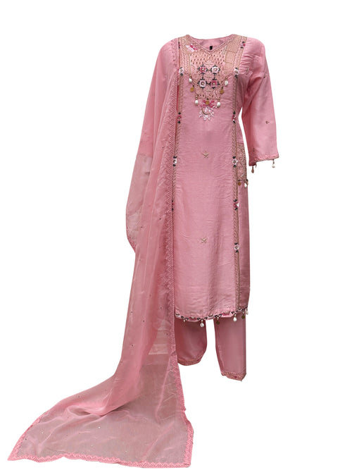 Blush Cascade Dola Silk Suit Set with Calcutta Handwork