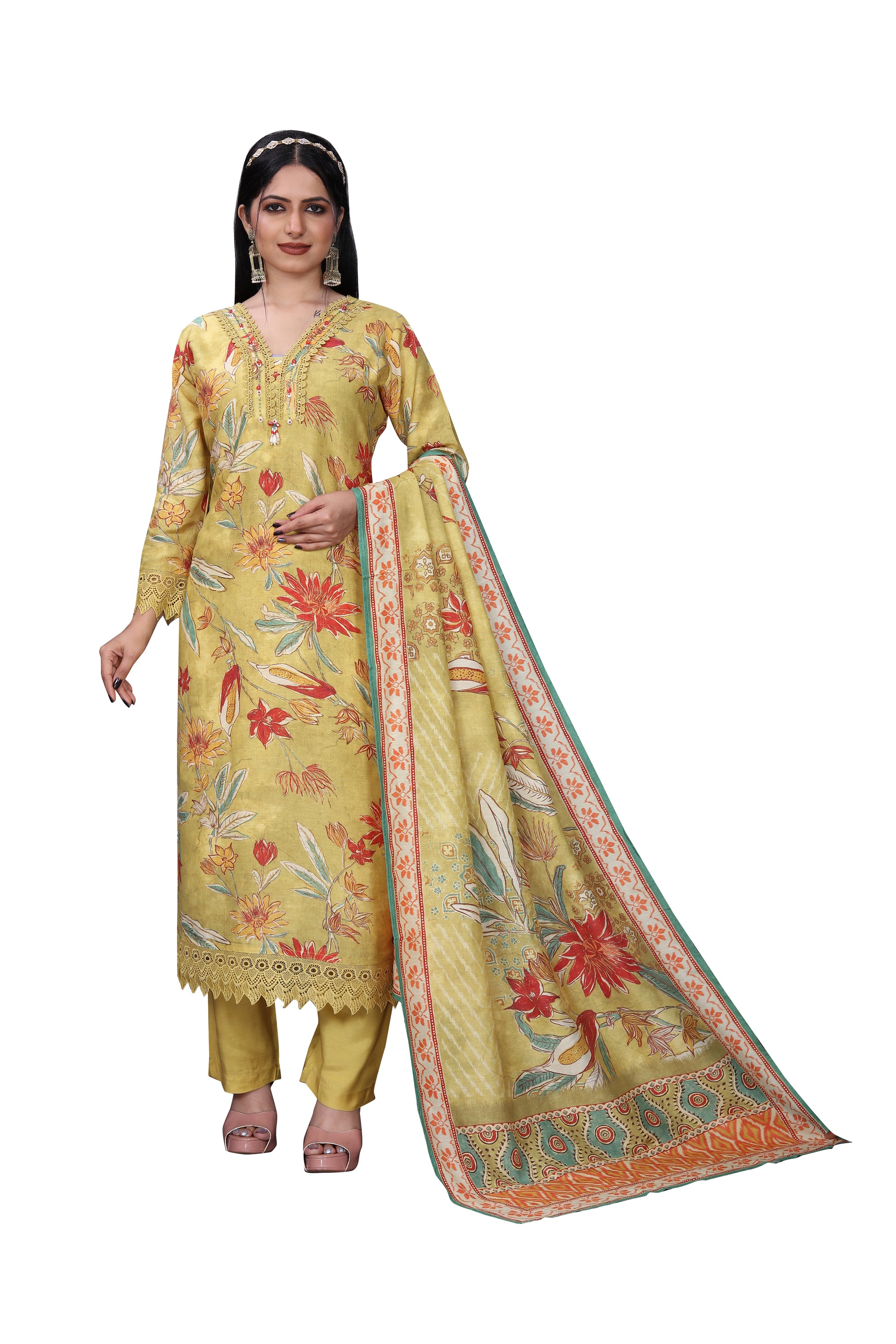 Mustard Yellow Silk Blend Digital Print Suit Set with Chikankari Neck Detailing & Dupatta – 3 Piece Ensemble