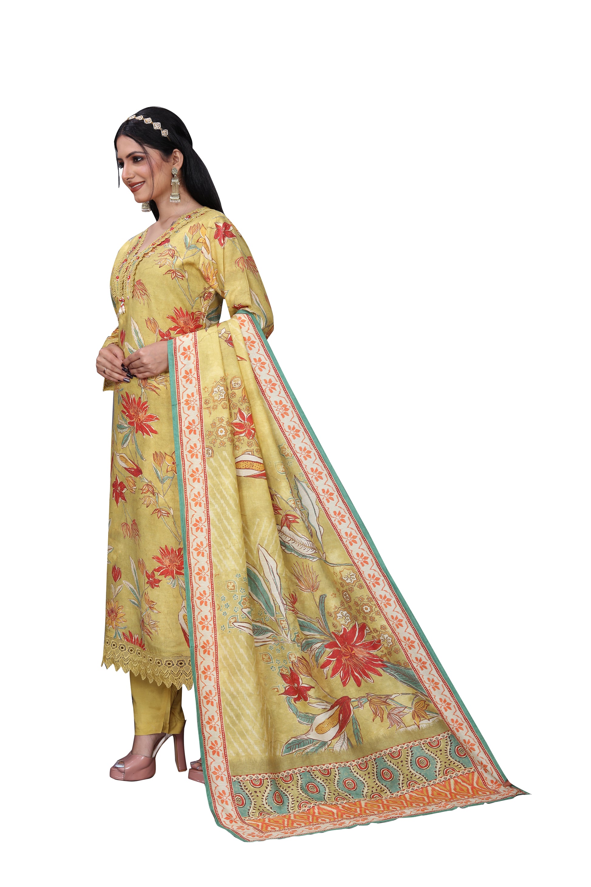 Mustard Yellow Silk Blend Digital Print Suit Set with Chikankari Neck Detailing & Dupatta – 3 Piece Ensemble