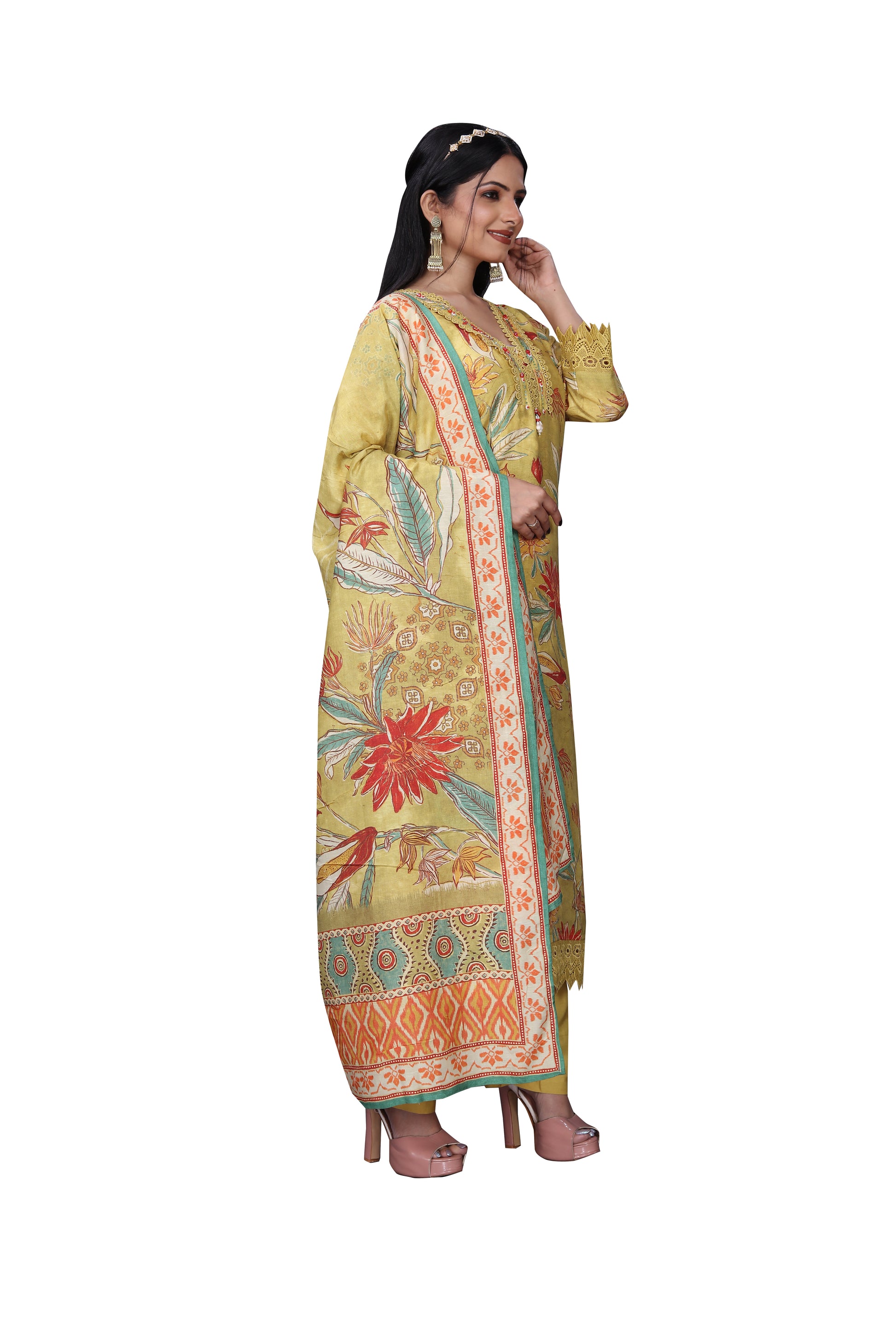 Mustard Yellow Silk Blend Digital Print Suit Set with Chikankari Neck Detailing & Dupatta – 3 Piece Ensemble
