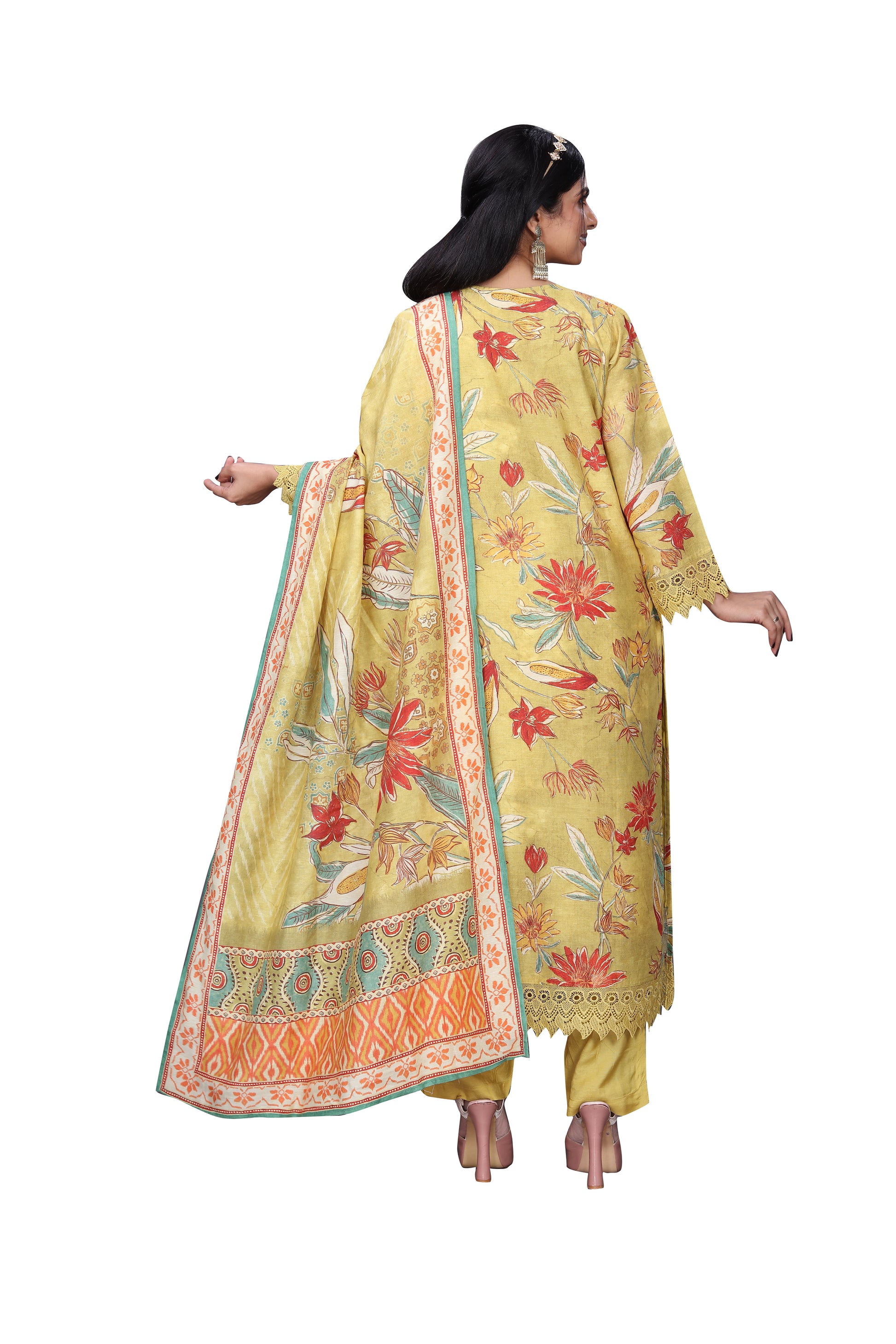 Mustard Yellow Silk Blend Digital Print Suit Set with Chikankari Neck Detailing & Dupatta – 3 Piece Ensemble