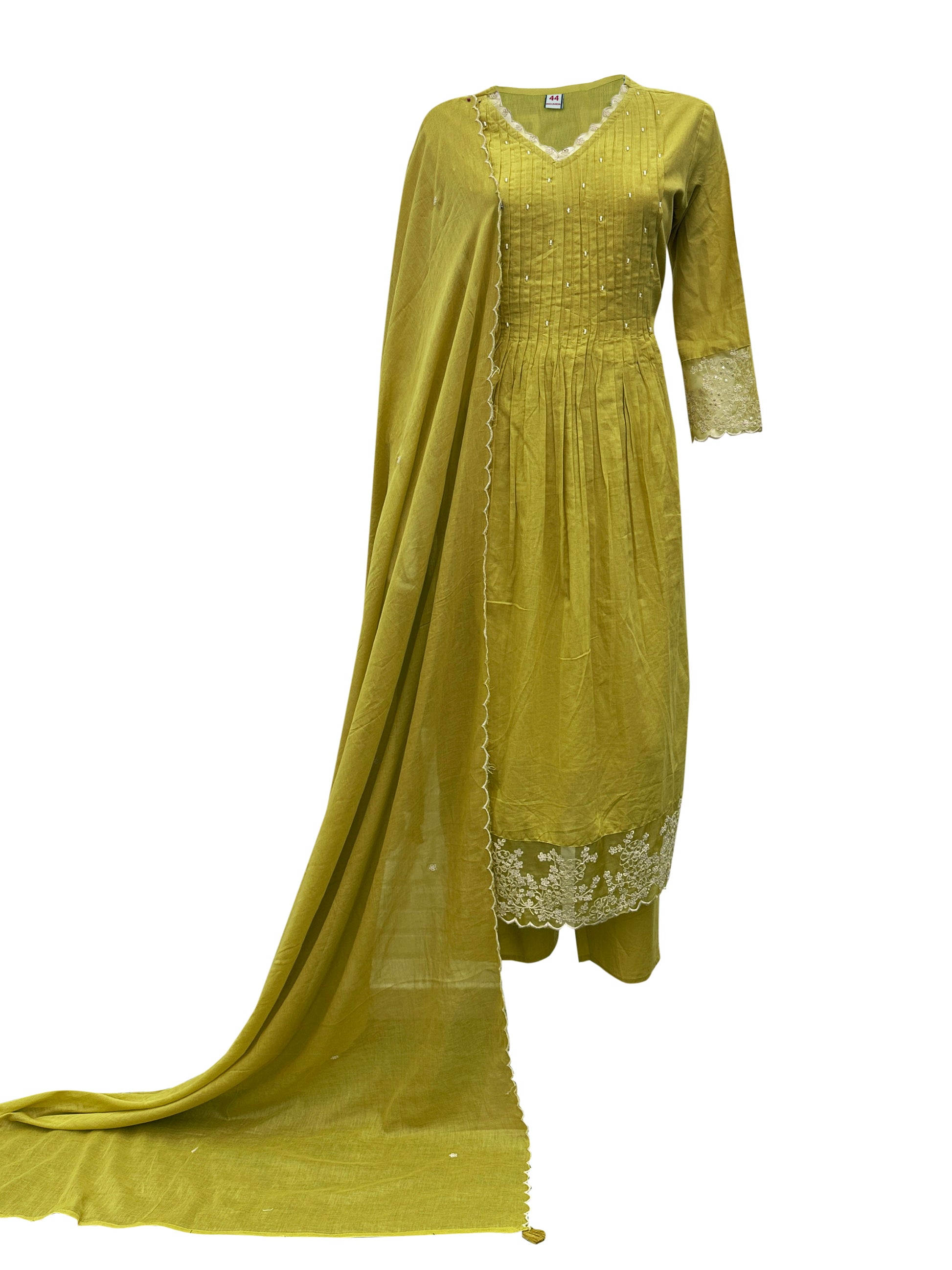 Olive Grace Hand-Pleated Cotton Kurta Set with Lucknowi Embroidery & Lace Accents