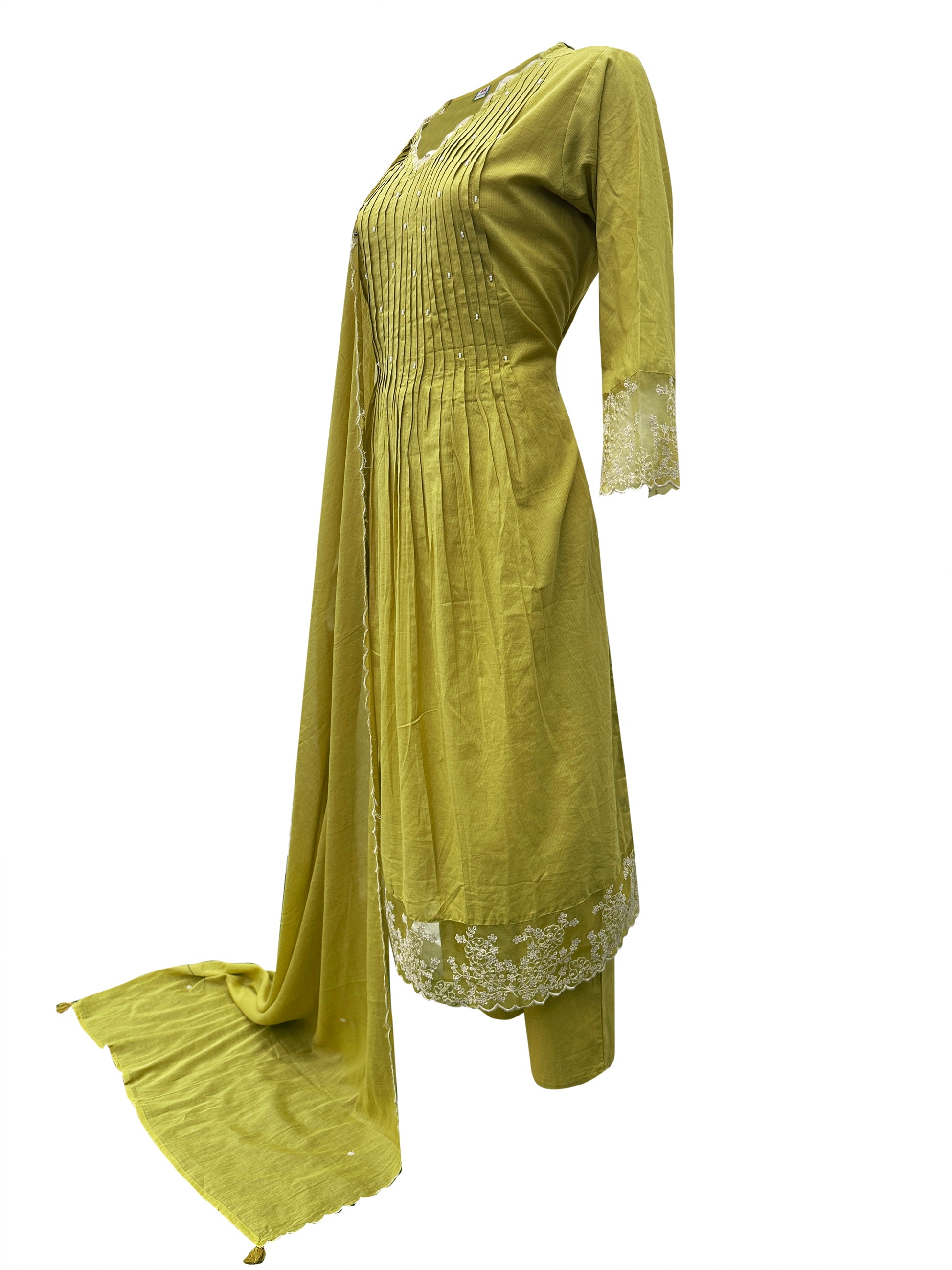 Olive Grace Hand-Pleated Cotton Kurta Set with Lucknowi Embroidery & Lace Accents