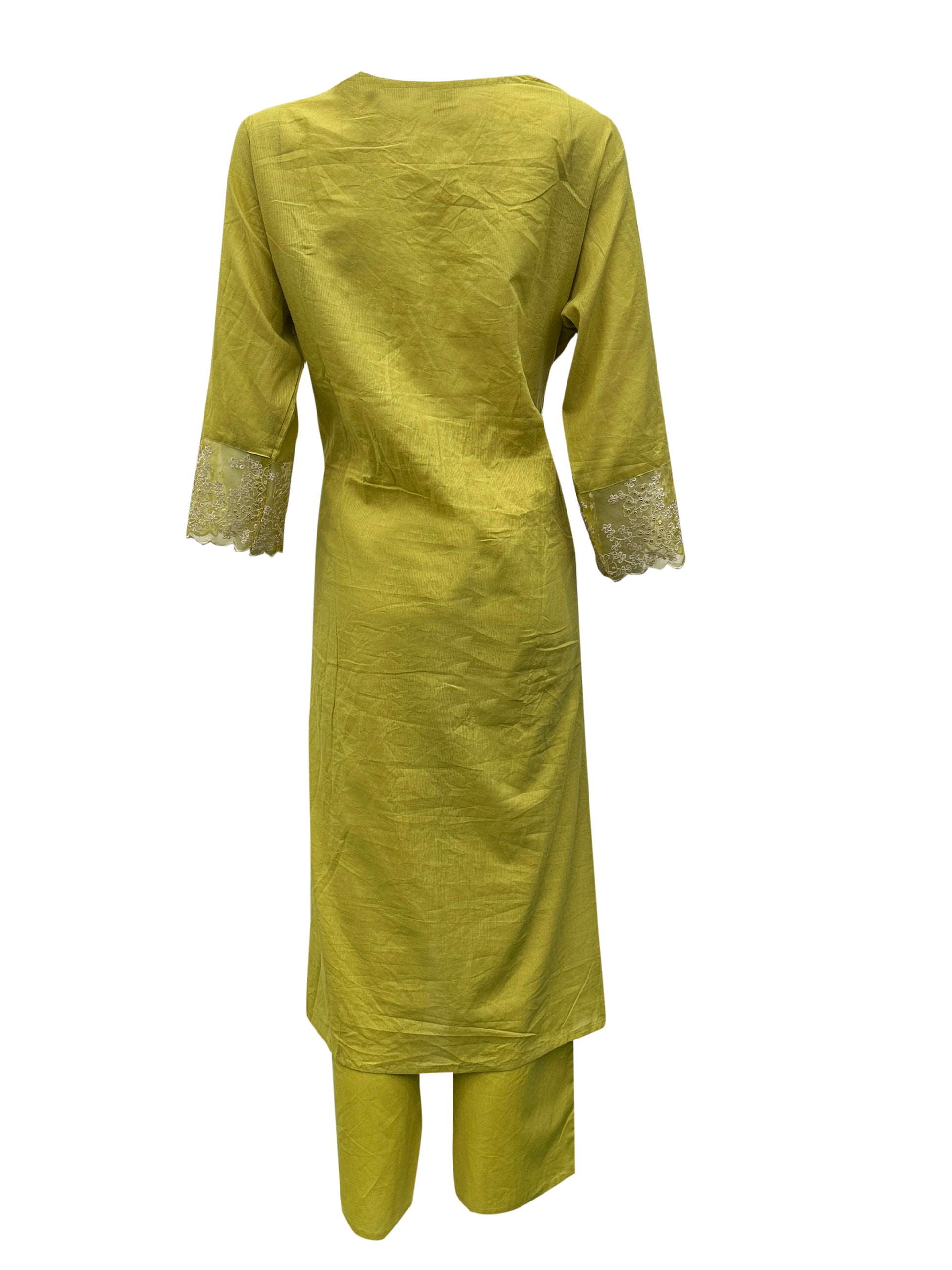 Olive Grace Hand-Pleated Cotton Kurta Set with Lucknowi Embroidery & Lace Accents