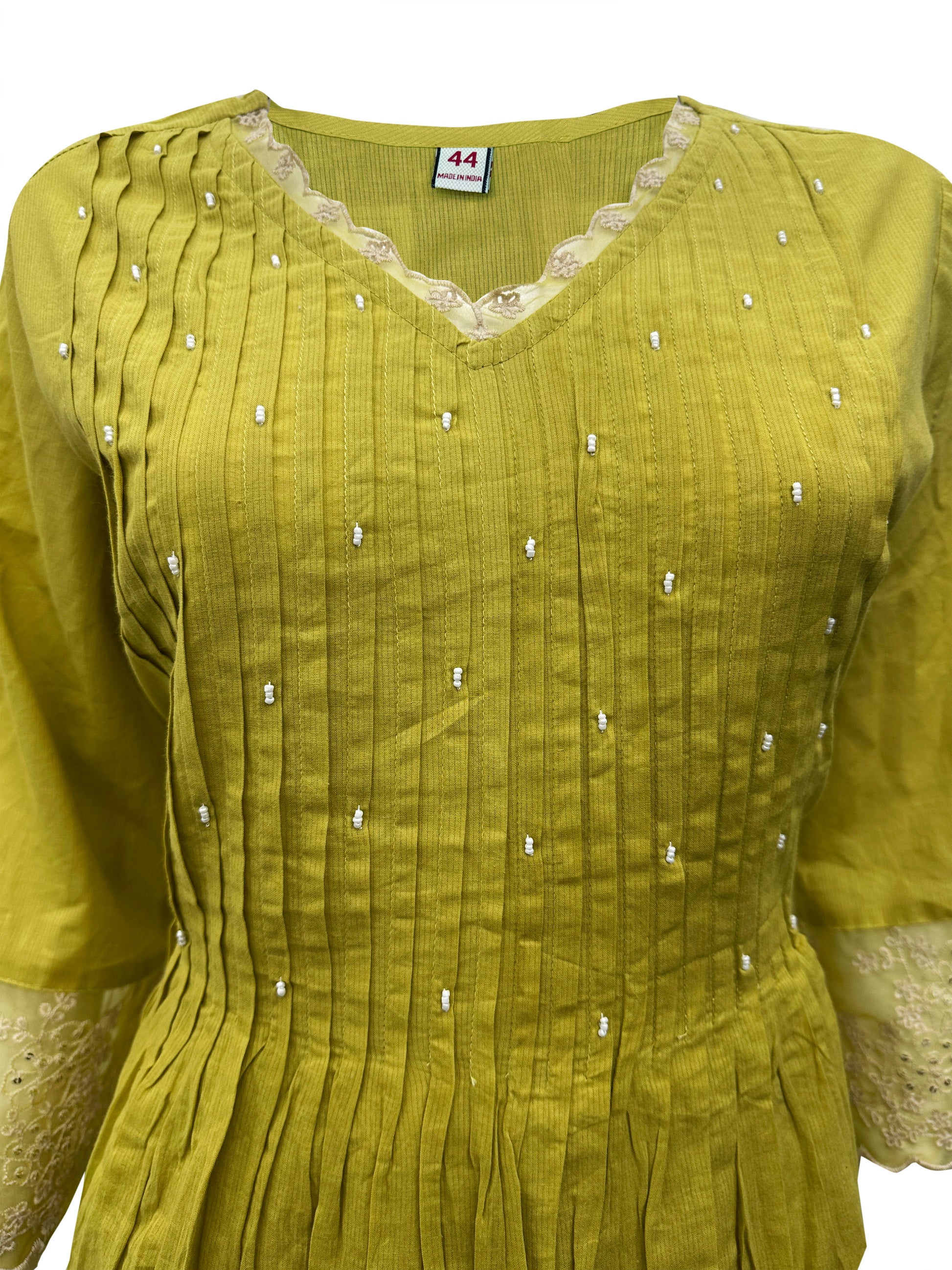 Olive Grace Hand-Pleated Cotton Kurta Set with Lucknowi Embroidery & Lace Accents