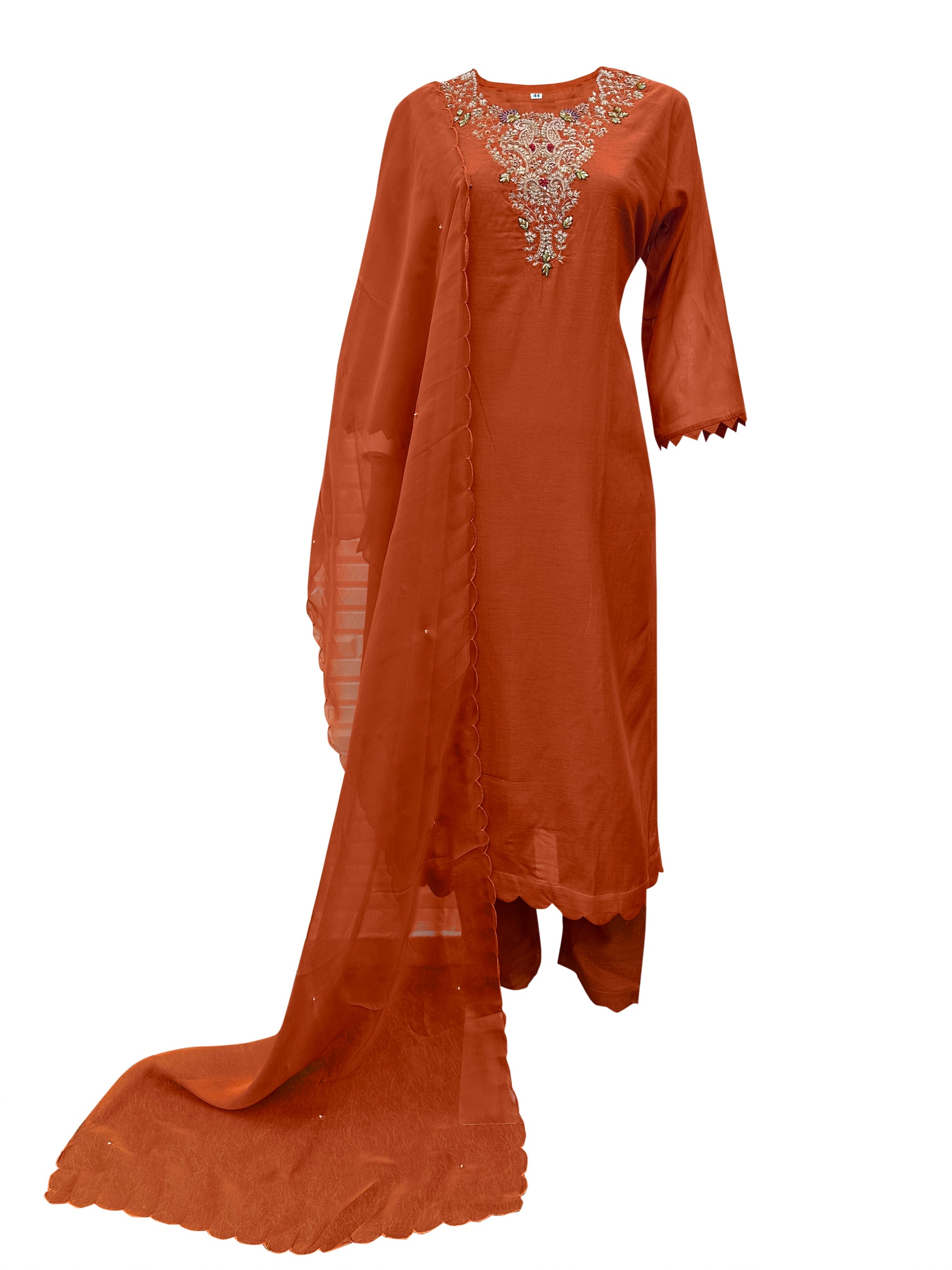 Terracotta Grace Hand-Embroidered Silk Suit Set