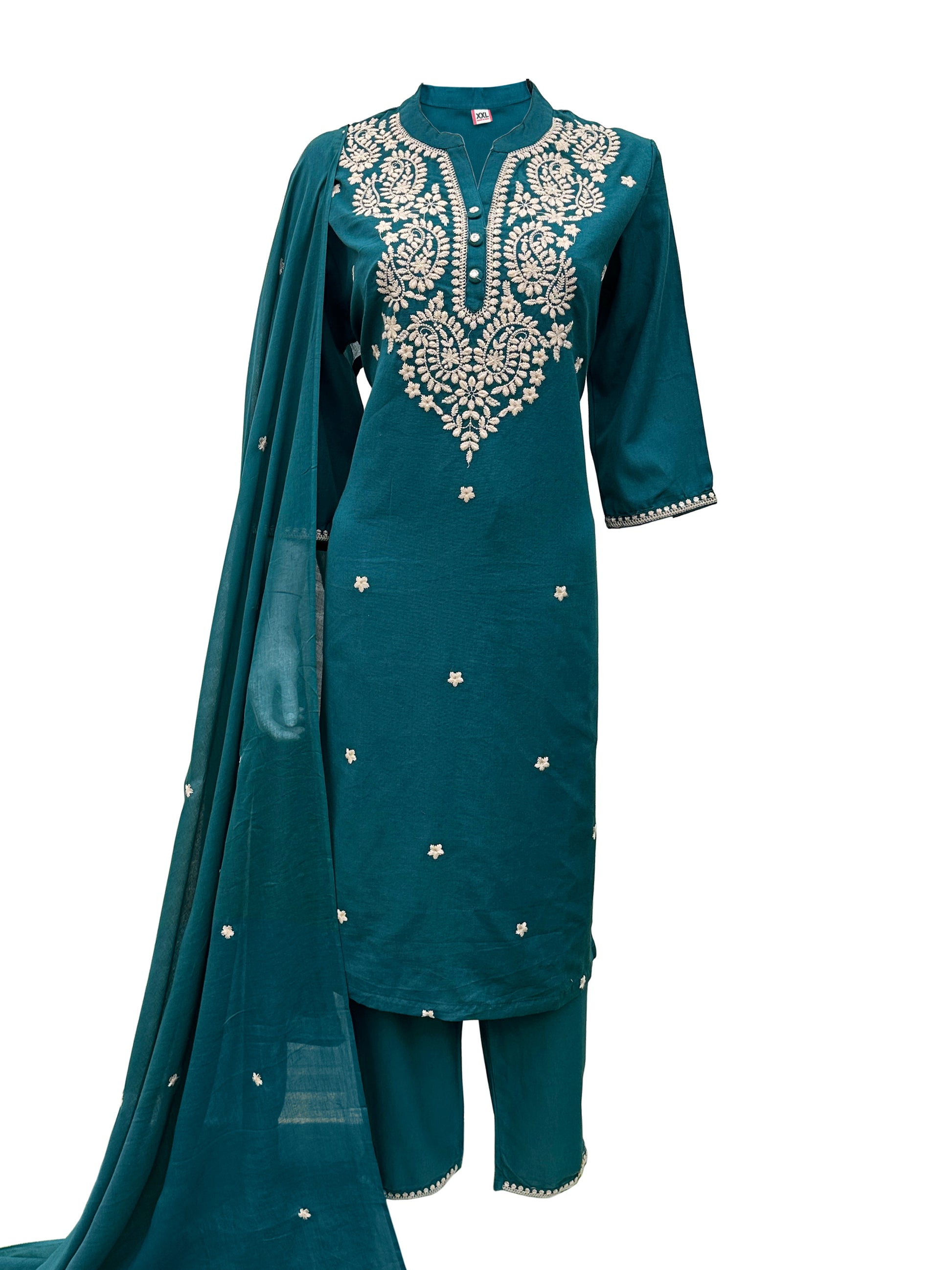 Teal Cotton Suit Set with Lucknowi Embroidery – 3-Piece Set