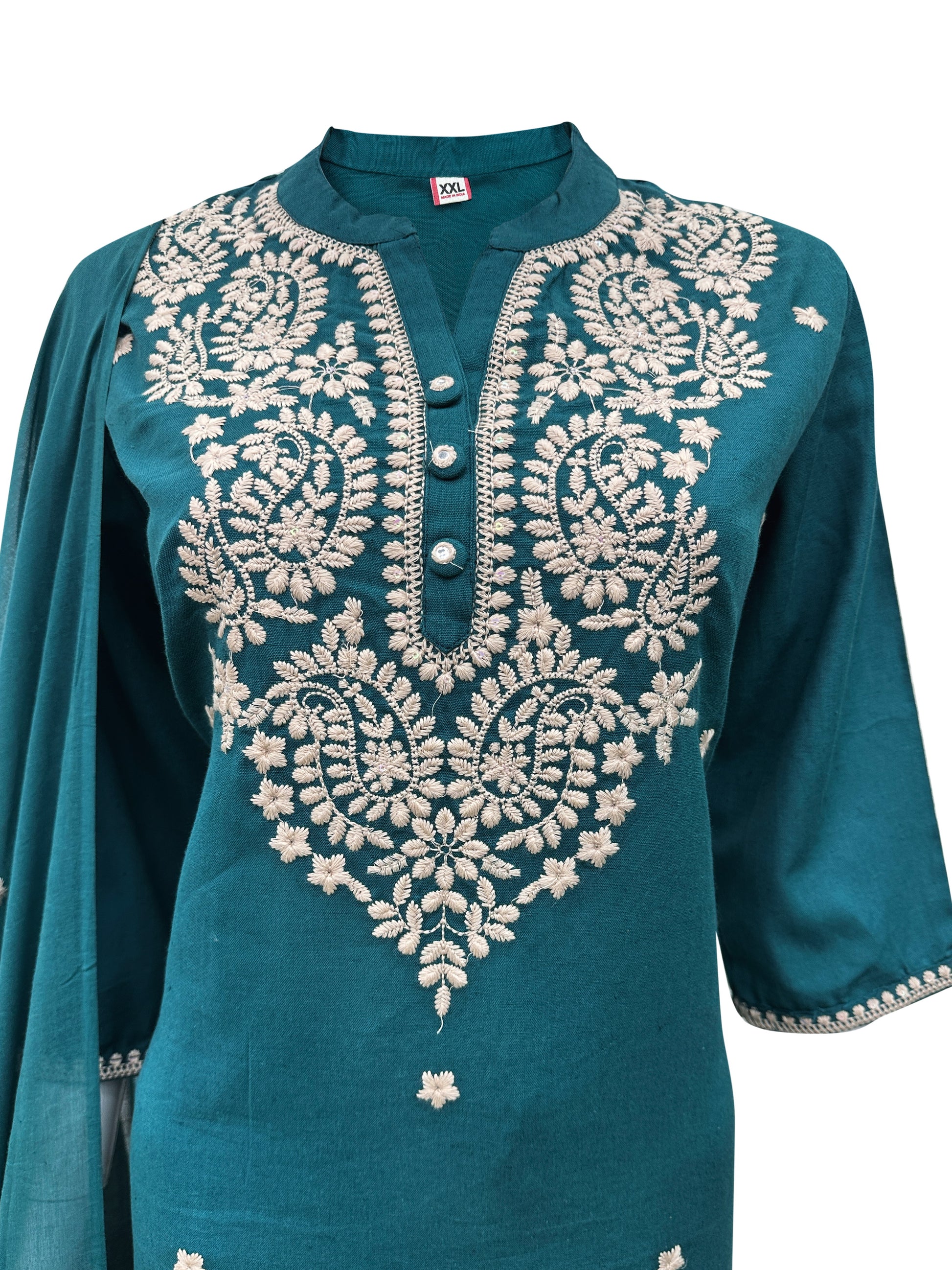 Teal Cotton Suit Set with Lucknowi Embroidery – 3-Piece Set