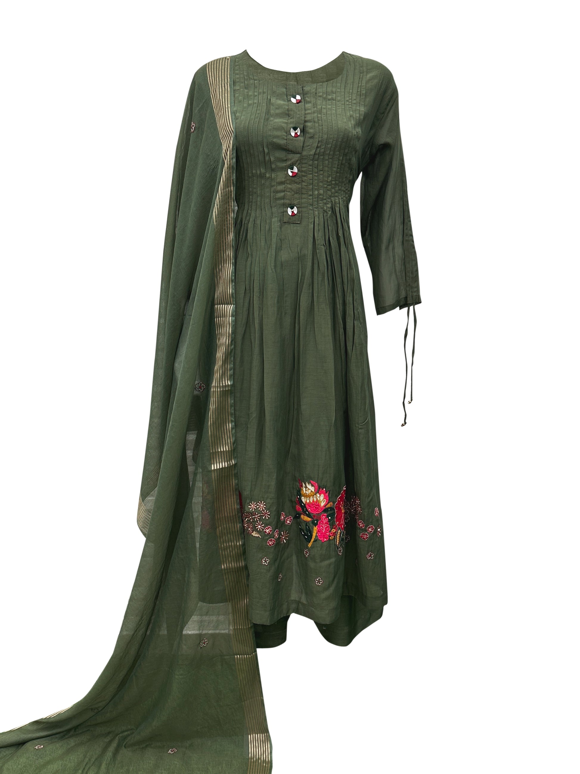 Olive Green Mal Chanderi Kurti Set with Hand Embroidery & Dupatta