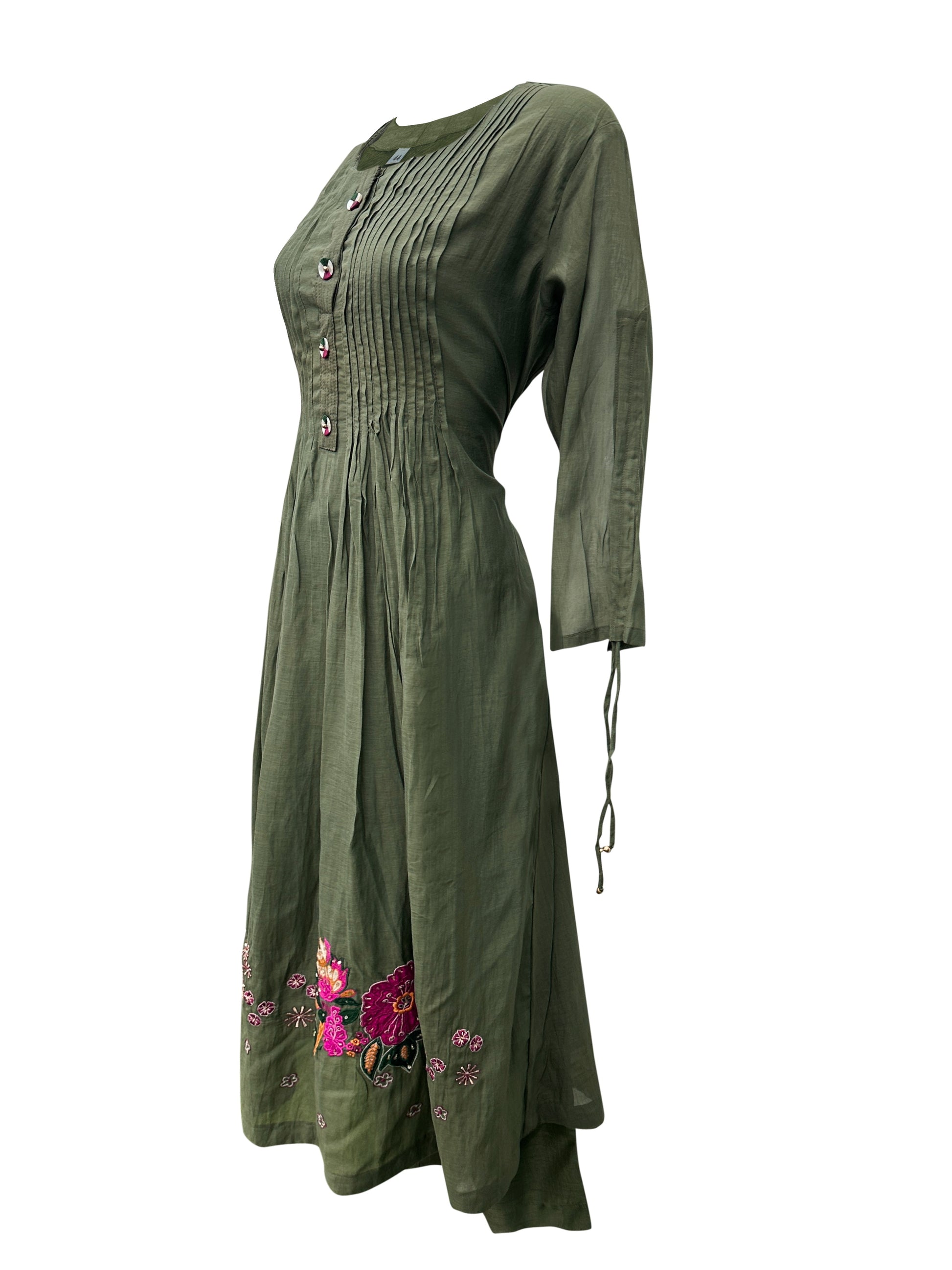 Olive Green Mal Chanderi Kurti Set with Hand Embroidery & Dupatta