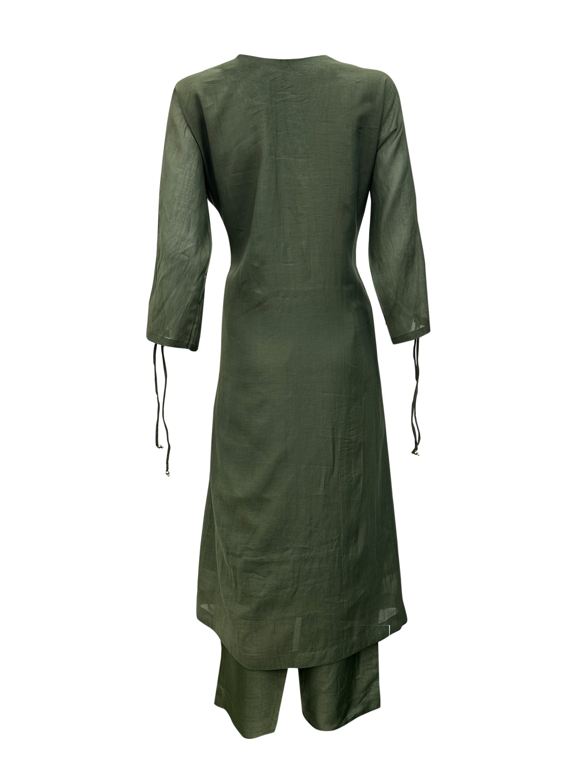 Olive Green Mal Chanderi Kurti Set with Hand Embroidery & Dupatta